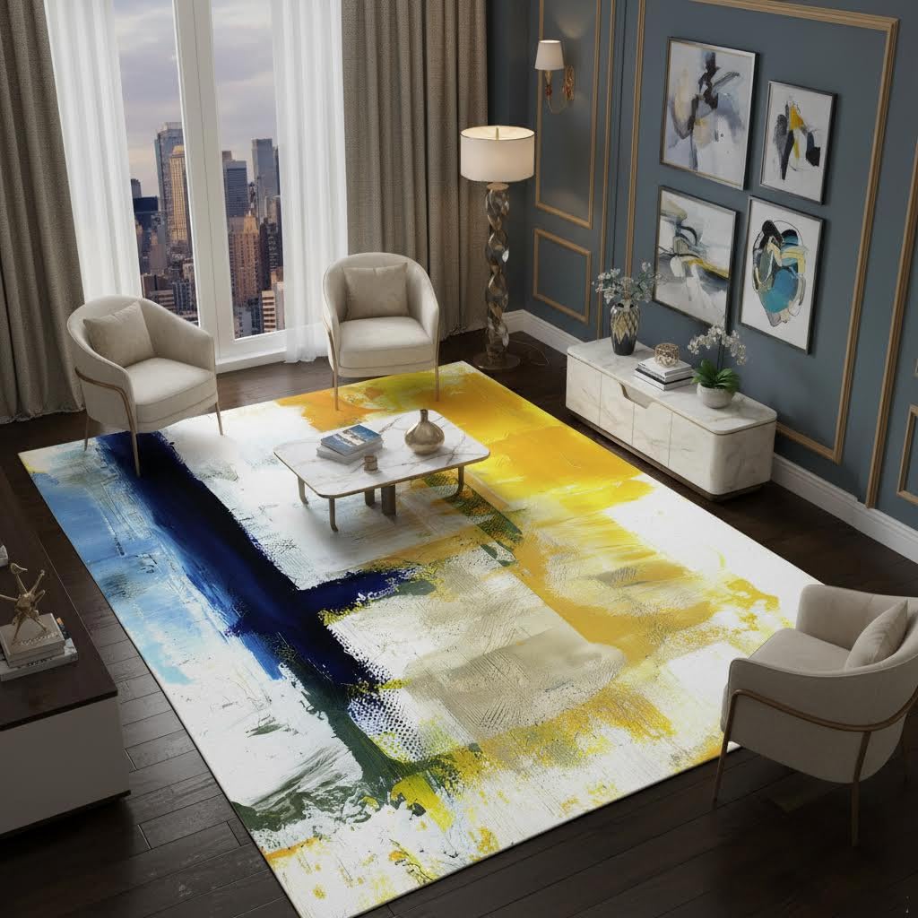 Mamatong Contemporary Modern Abstract Blue Yellow Vibrant Area Rug 5x7 Ultra Soft Wool Aesthetic Rug for Living Room Bedroom Dining Office Art Deco Floor Rug Kitchen Hallway Runner