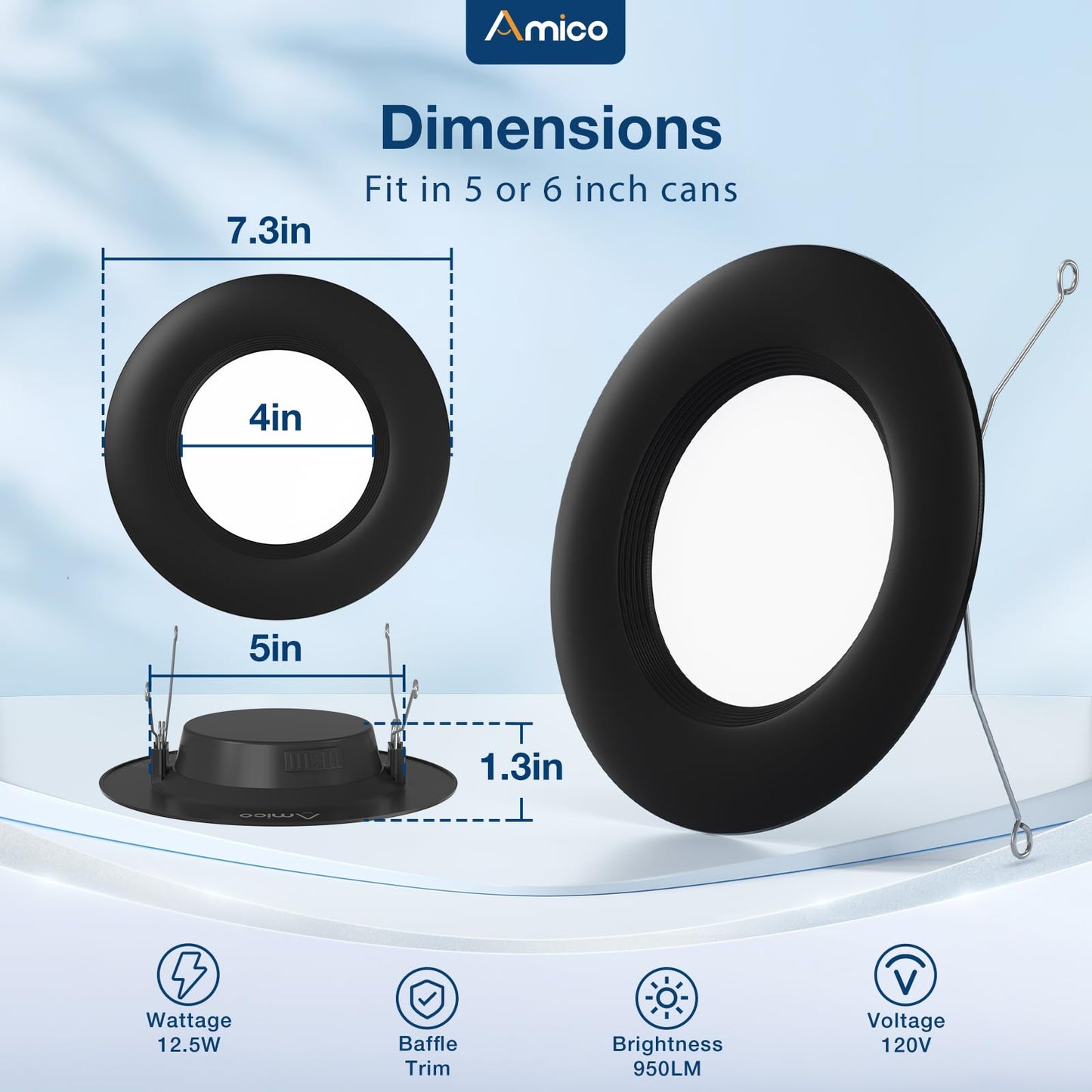 Amico 5/6 inch 5CCT LED Recessed Lighting 12 Pack, Dimmable, Damp Rated, 12.5W=100W, Can Lights with Baffle Trim, Retrofit Installation, ETL&FCC, Black