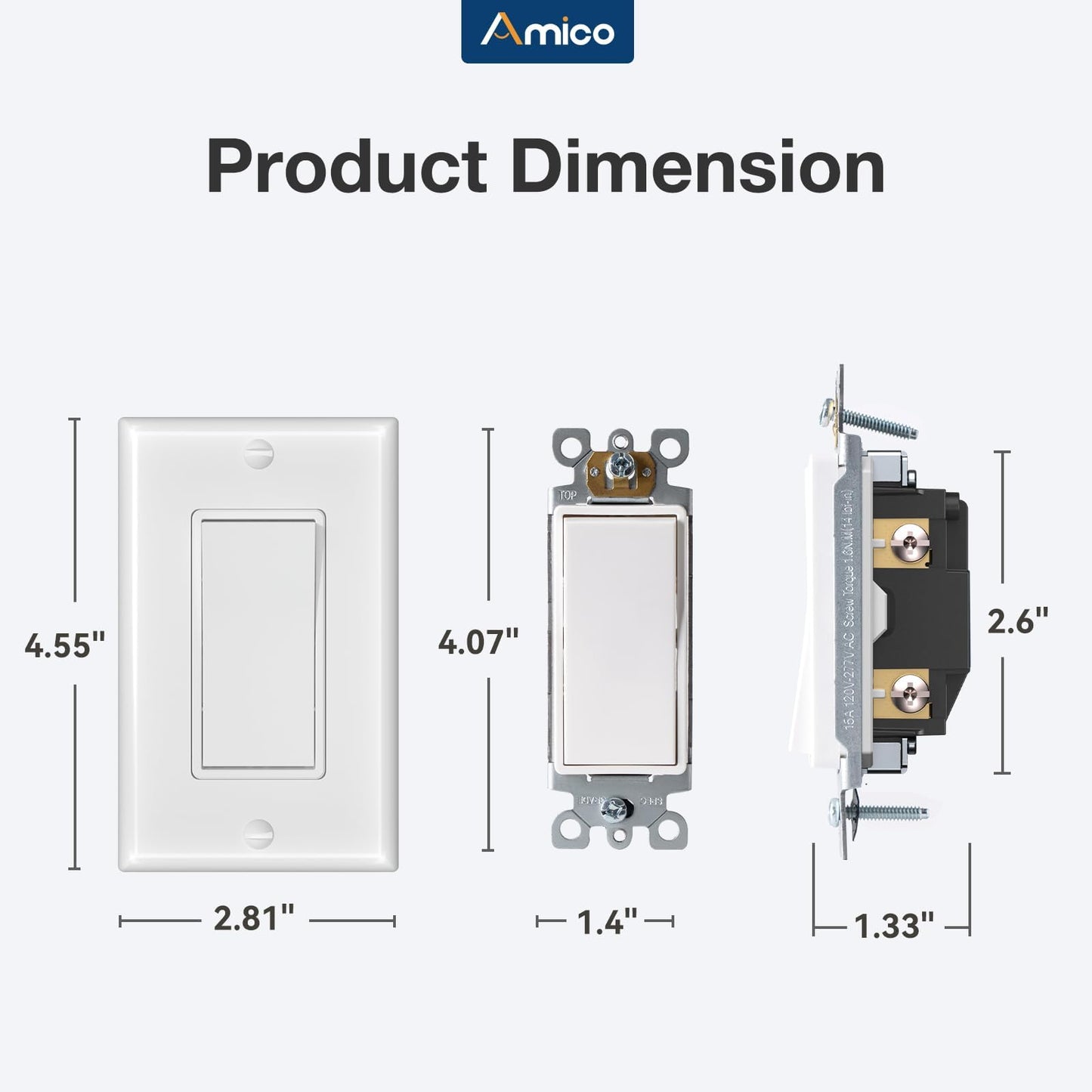 Amico 30 Pack Single Pole Light Switch with Wall Plate, UL Listed, 15A 120/277V, On/Off Rocker Paddle Interrupter Wall Switch, Grounding Screw, Residential Grade, Suitable for Home and Business, White