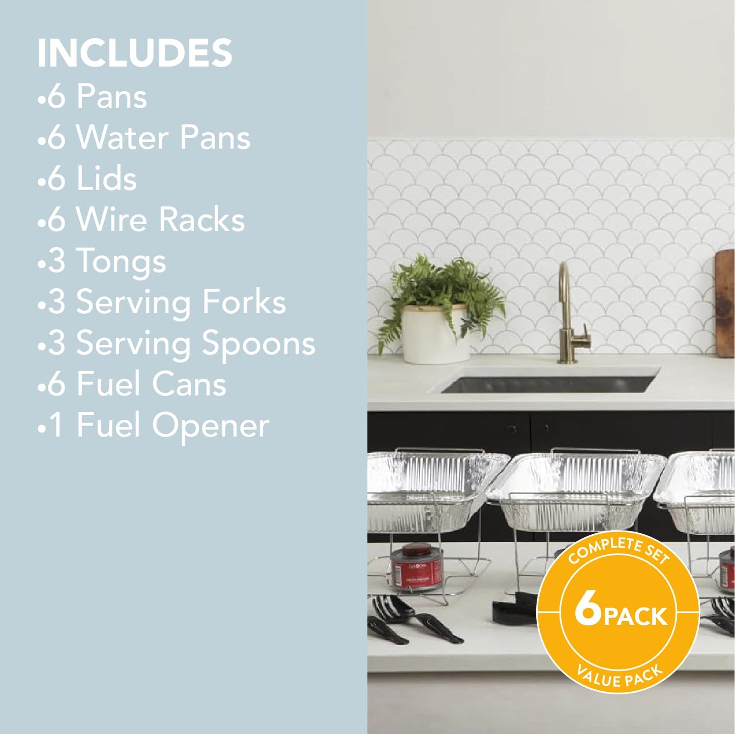 Alpha Living 6 Pack - Disposable Chafing Dish Buffet Set, Welded Body Food Warmers for Parties, Fuel Cans Complete Set, Half Size Pans, Warming Trays