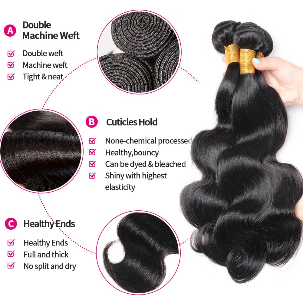 12A Body Wave Bundles Human Hair 16 18 20 Inch Human Hair Bundles 100% Unprocessed Brazilian Virgin Hair 3 Bundles weave for Black Women Natural Color