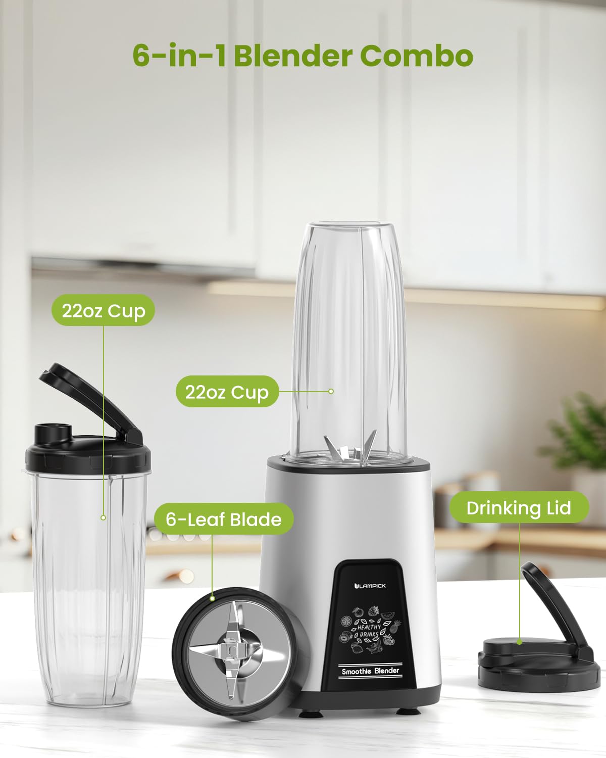 Lampick Blender for Smoothie, 900W Personal Blender for Shakes and Smoothies with 2 * 22oz BPA Free Portable Cups, Small Juicer for Protein Shake, Baby Food, Frozen Drink