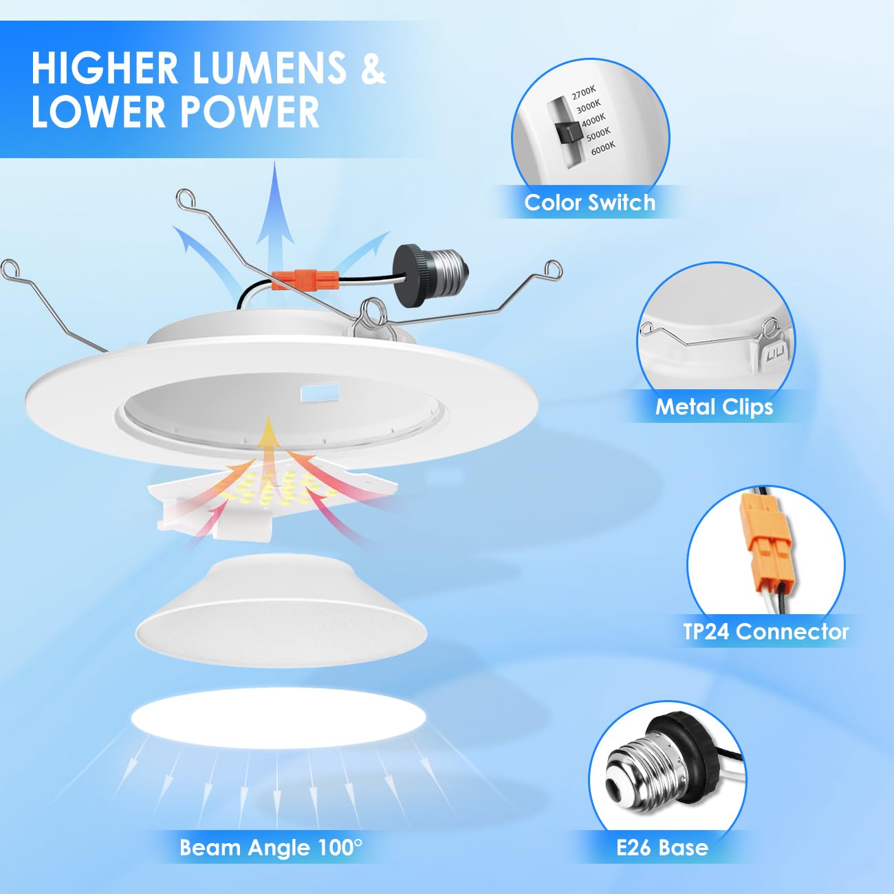 ANWIO Recessed Lighting 6 Inch, 16 Pack 5CCT Flat Retrofit LED Recessed Lights Can Needs, 2700/3000/4000/5000/6000K Selectable Can Lights 10W(120W Equivalent) CRI 80+ Dimmable E26 Base IC Rated & ETL