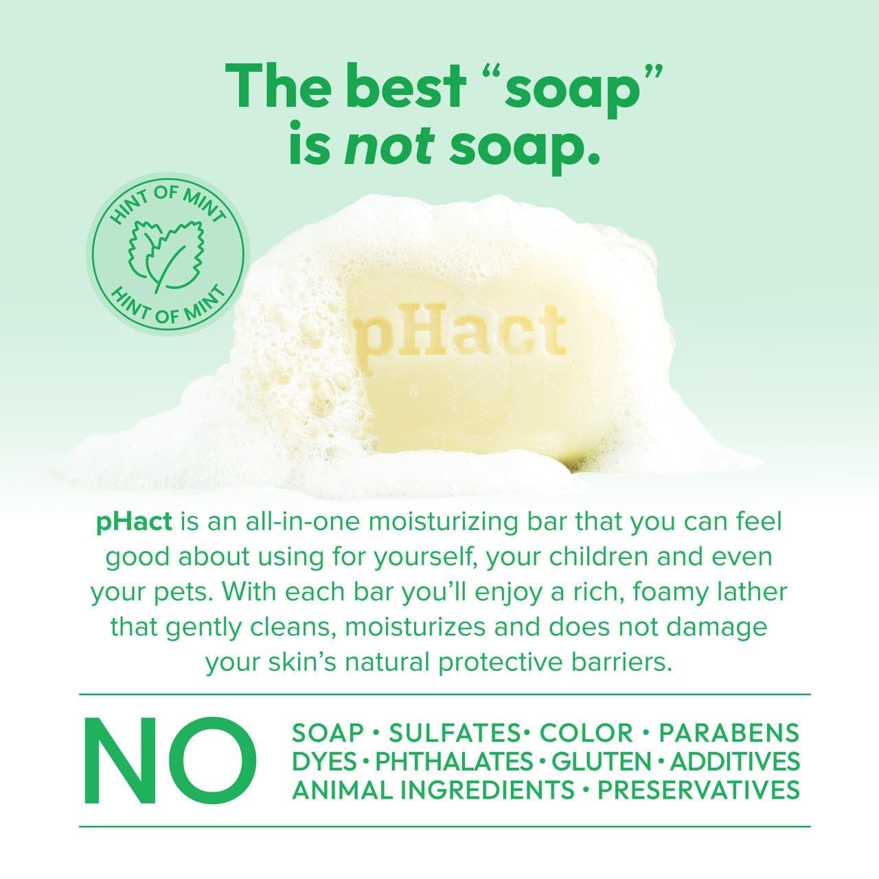 ANDREW LESSMAN pHact Moisture-Rich, Soap-Free Cleansing Bar Hint of Mint. Natural Skin pH. All Skin Types - Even Sensitive Skin. Hypoallergenic. Dermatologist Tested. 6-Pack 4.25 oz Each