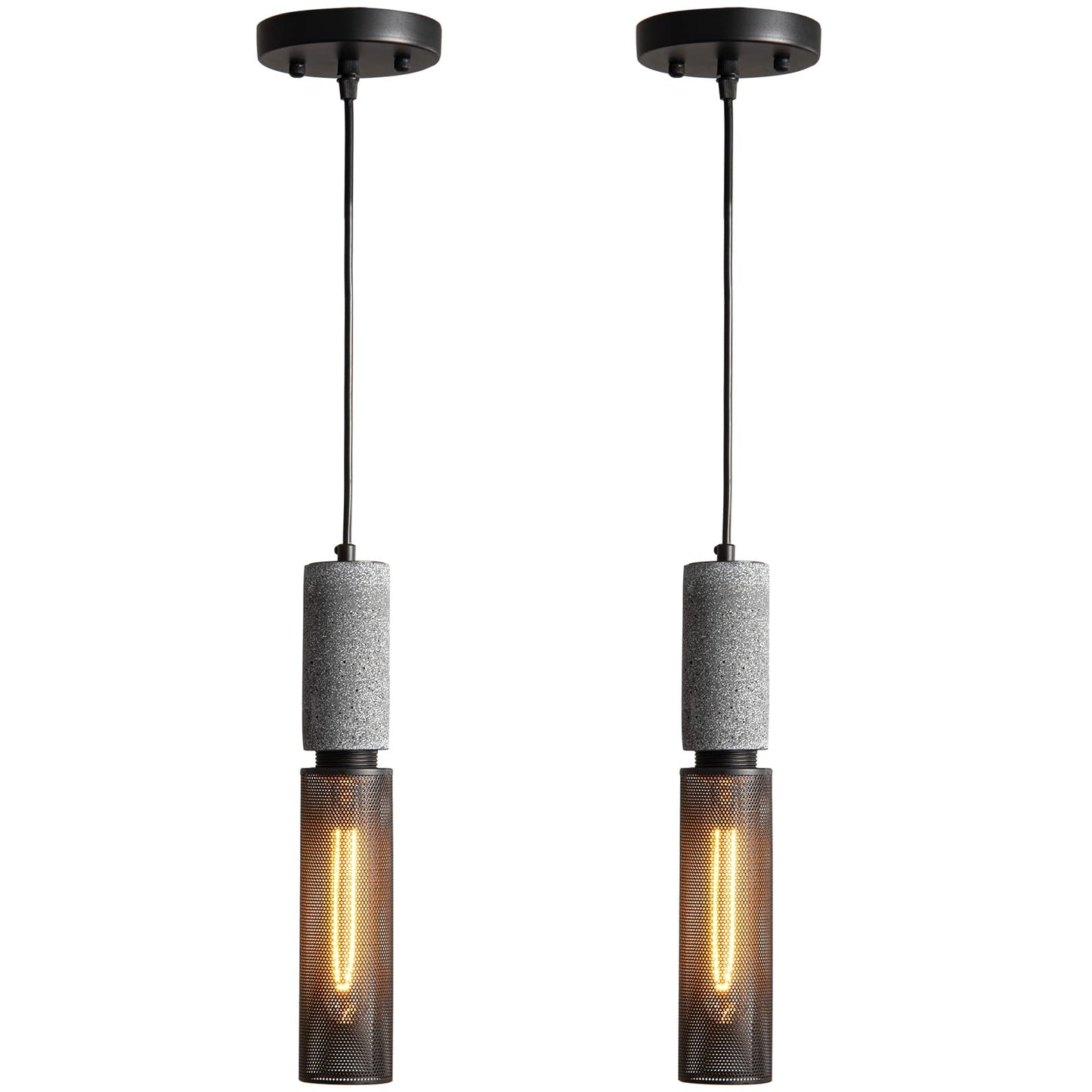 ADCTHOME Concrete Linear Pendant Light with a Metal Mesh Shade,Modern Industrial Hanging Cement Pendant Lighting Fixture for Kitchen Island Dinning Room Bedroom(Black 2-Pack)