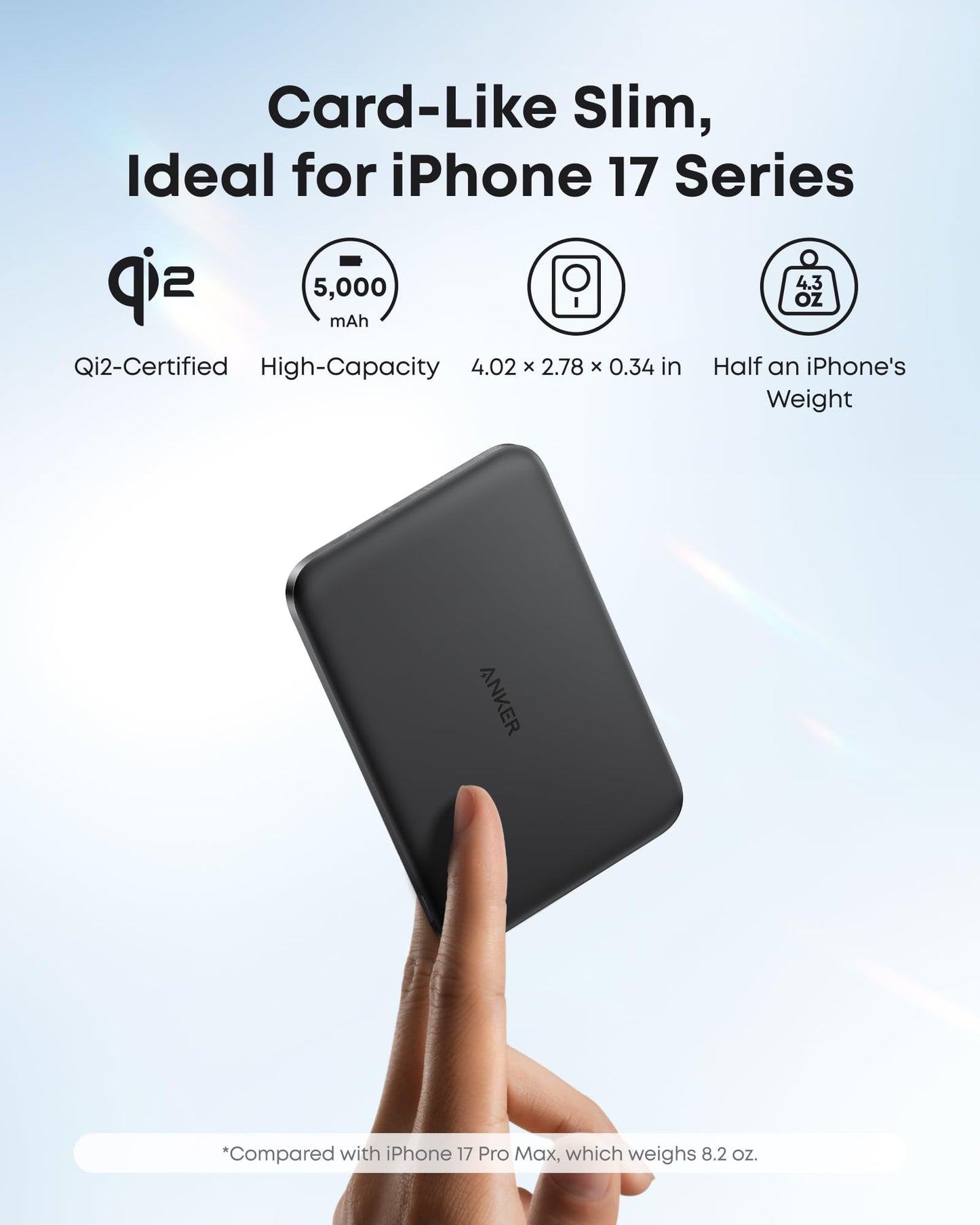Anker Nano Power Bank, Ultra-Slim 5,000mAh Magnetic Battery Pack, Qi2 Certified 15W Max Ultra-Fast MagSafe-Compatible Portable Charger, Ergonomic Design, for iPhone Air/17/16/15 Series (Not for Pixel)