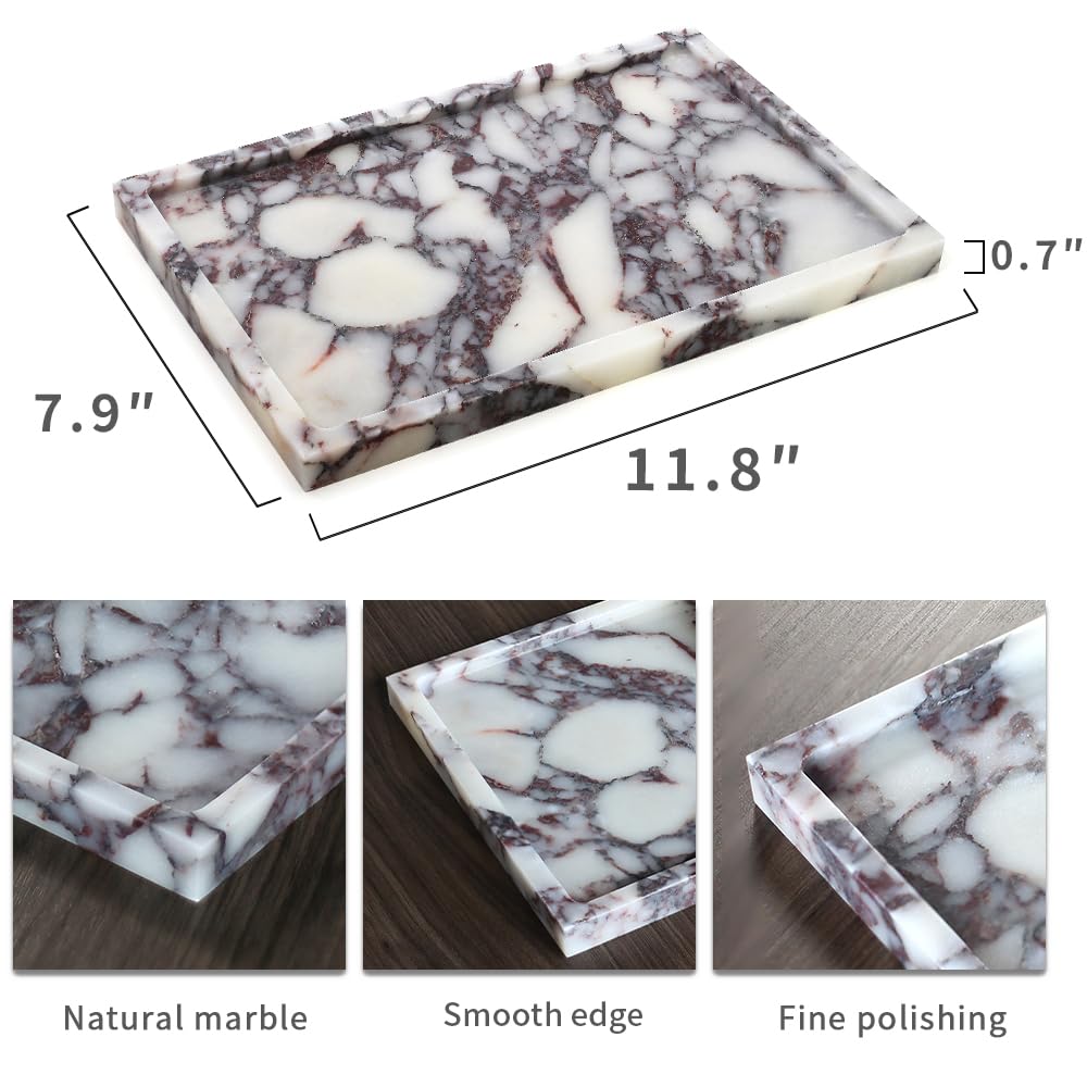 Real Luxurious Natural Marble Vanity Tray Genuine Marble Storage Tray for Home Decor Stone Tray for Bathroom/Kitchen/Vanity/Dresser,Plate Holder for Tissues, Candles, Towel