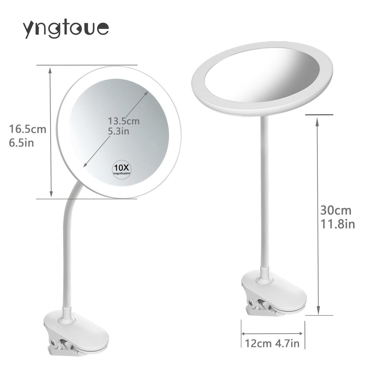 yngtoue 6.5" Clip on Vanity Makeup Mirror with Light, gooseneck Travel 5X Magnifying Mirror,USB Recharge (White 5X)