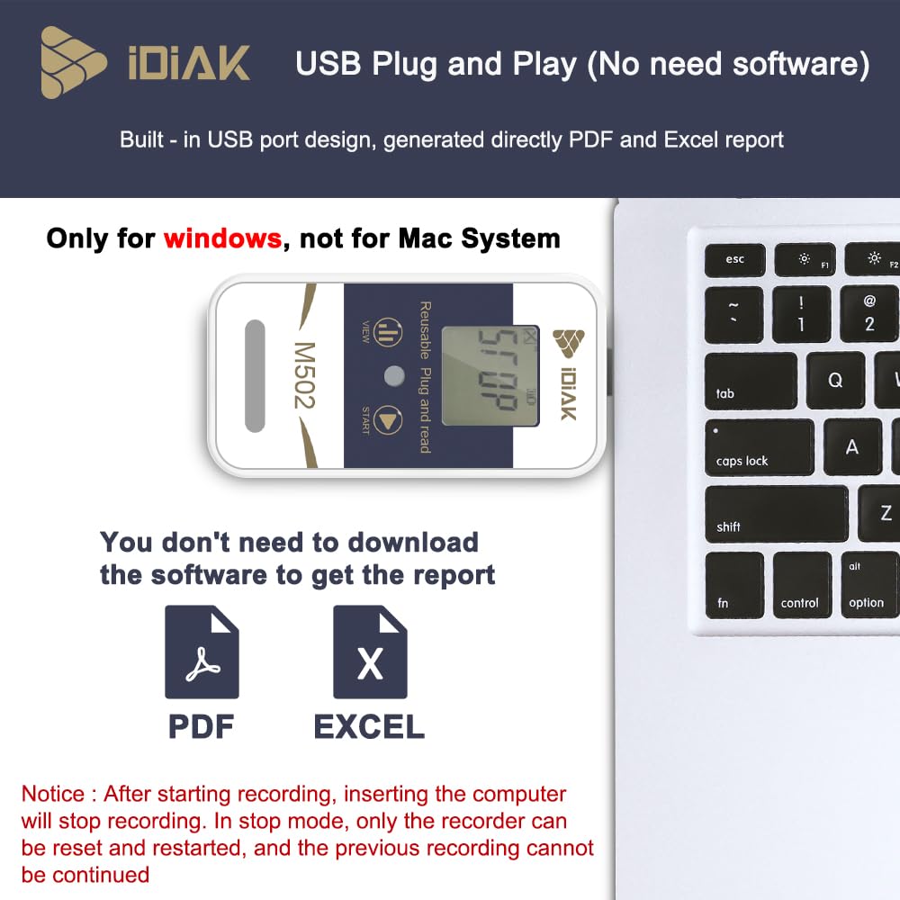 iDiAK M502 Temperature Data Logger USB Temp/Humidity Recorder with PDF and Excel (Reusable) Refrigerator Thermometer 14400 Points High Accuracy (no delay - 5 Pack)