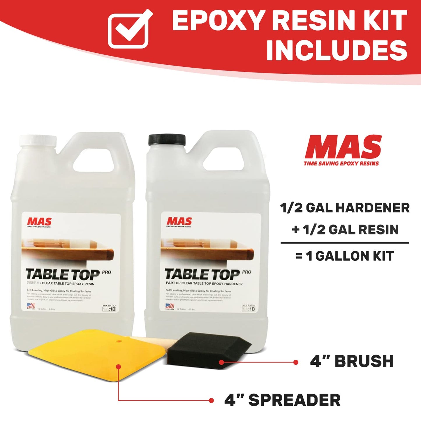 MAS Epoxies Table Top Pro Epoxy Kit, 1-Gallon, (0.5-Gal Part A + 0.5-Gal Part B) Crystal Clear Resin Casting for DIY Arts, Crafts, Countertops, Wood Tables, Tabletops, Bar Tops