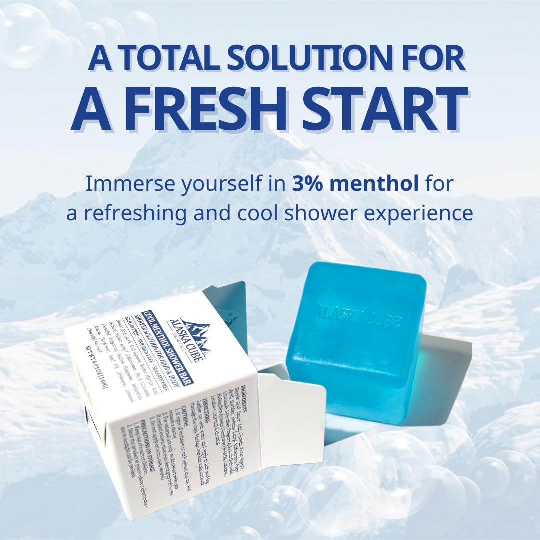 Alaskacube Cool Menthol Shower Bath Body Soap Bar Cleanser Refreshing Cooling Effect Rich Foam for Body (Pack of 3) | 3% Menthol | Body Wash, Shampoo for Men Women Bundle Value Set (Mint, Menthol)