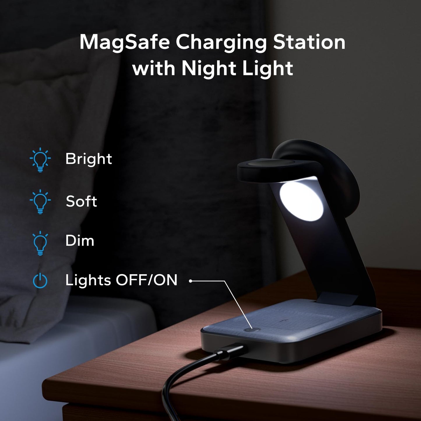 eazpower 3 in 1 Foldable Wireless Charging Station for MagSafe, Travel Magnetic Charger Stand for iPhone 16 15 14 13 Pro Max, Nightstand Charging Dock with Night Light for Apple Watch/AirPods