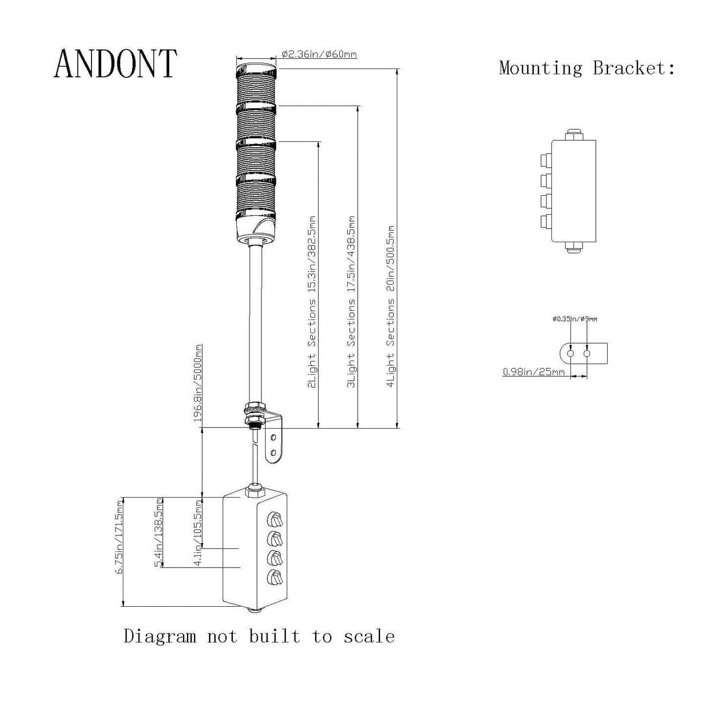 ANDONT 2 Stack Super Bright LED Andon Tower Lights with Buzzer, Red/Green, Off-ON or Flash,16 ft Extension Cord, 6 ft Industrial Adapter, IP53, 2.36" Diameter 15.6" Length, Plug Play Ready
