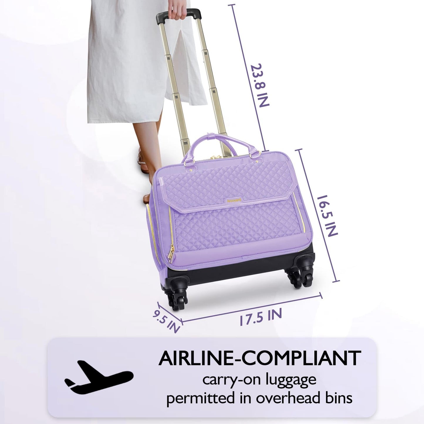 Arcoyard Rolling Teacher Bag, Briefcase for Women with 4 Spinner Wheels, Roller Laptop Bag for Work with Leather Handle, Womens Travel Carry On, TSA Friendly Design, Purple