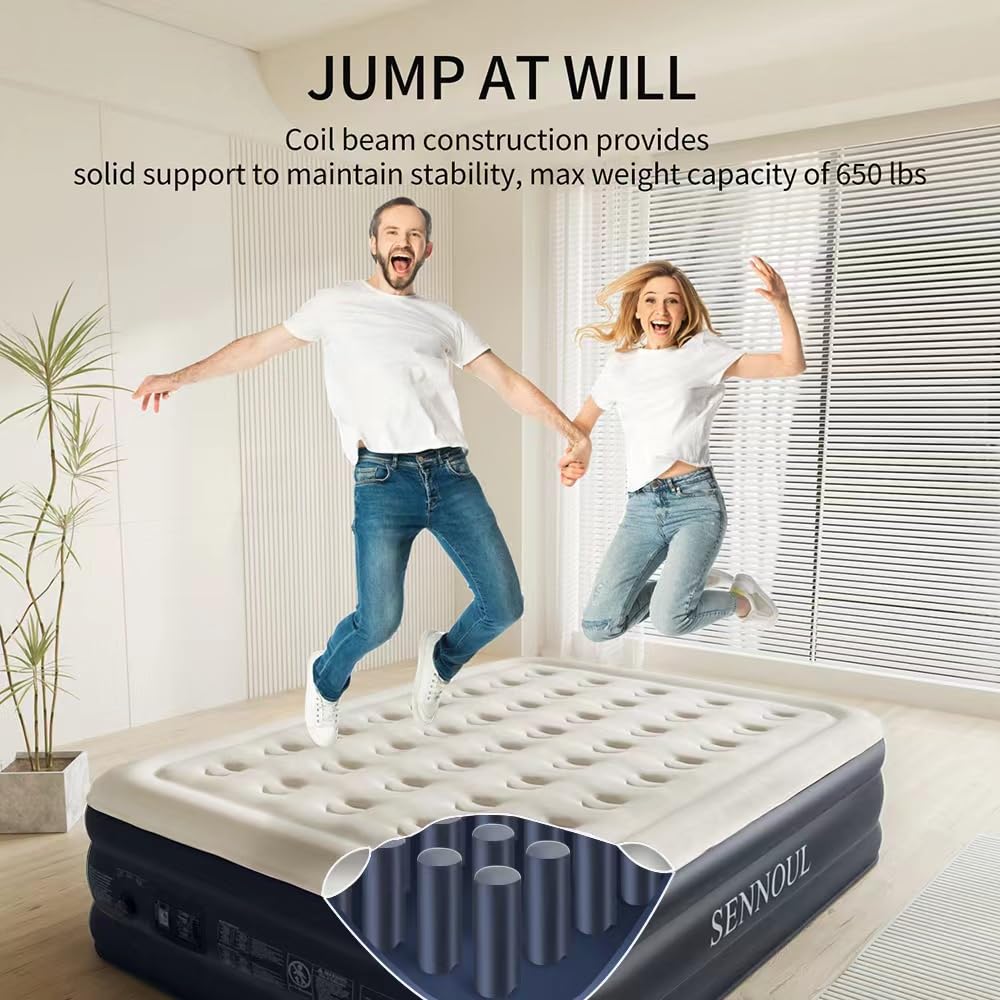 SENNOUL Air Mattress Queen with Built in Pump - 2 Mins Quick Self Inflatable,16"/650lbs Max Blow Up Bed, All Night Stability No Lost Air,No Peculiar Smell for Camping,Home,Guests & Portable Travel