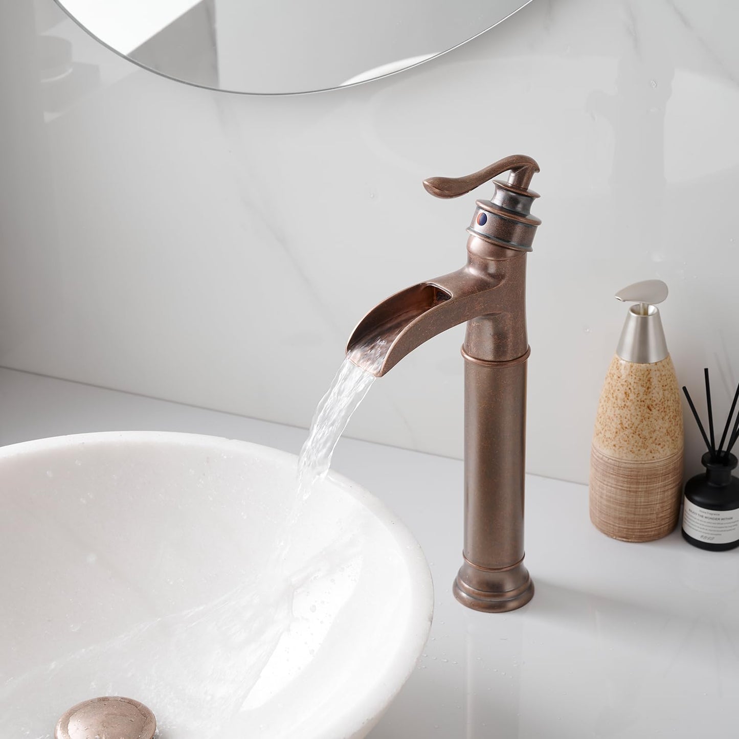 BWE Vessel Sink Faucet Waterfall Antique Copper Single Hole with Pop Up Drain Stopper Without Overflow and Supply Lines One Handle Vanity Basin Bath Sink Mixer Tap