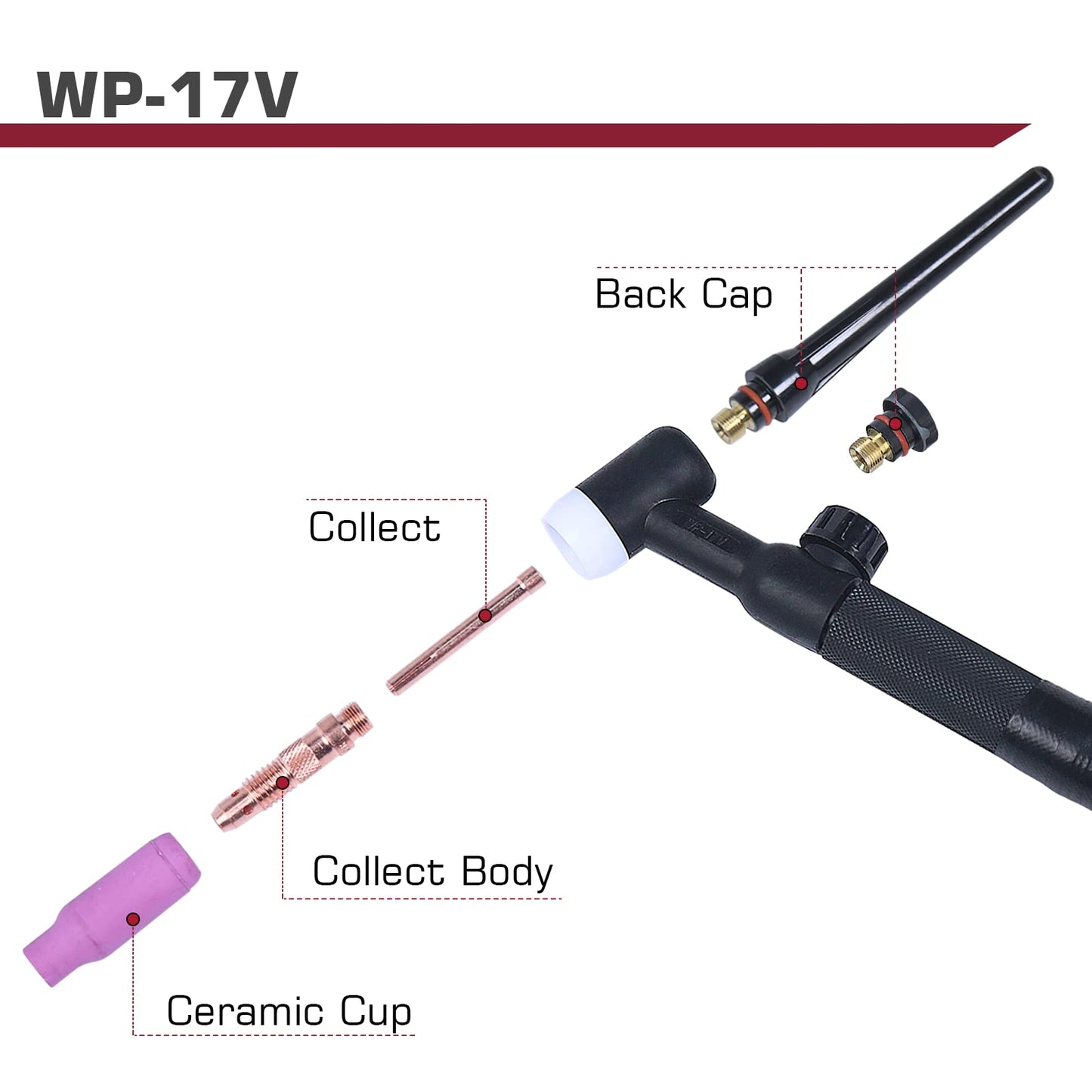 ARCCAPTAIN TIG Welding Gun, WP-17V Argon TIG Torch with 13FT Red Air Hose and 10-25mm Connector, Lift Tig Torch 150amp with 13FT Cable for ARCCAPTAIN ARC160, MIG130, MIG160, ARC165 Pro and MIG145 Pro