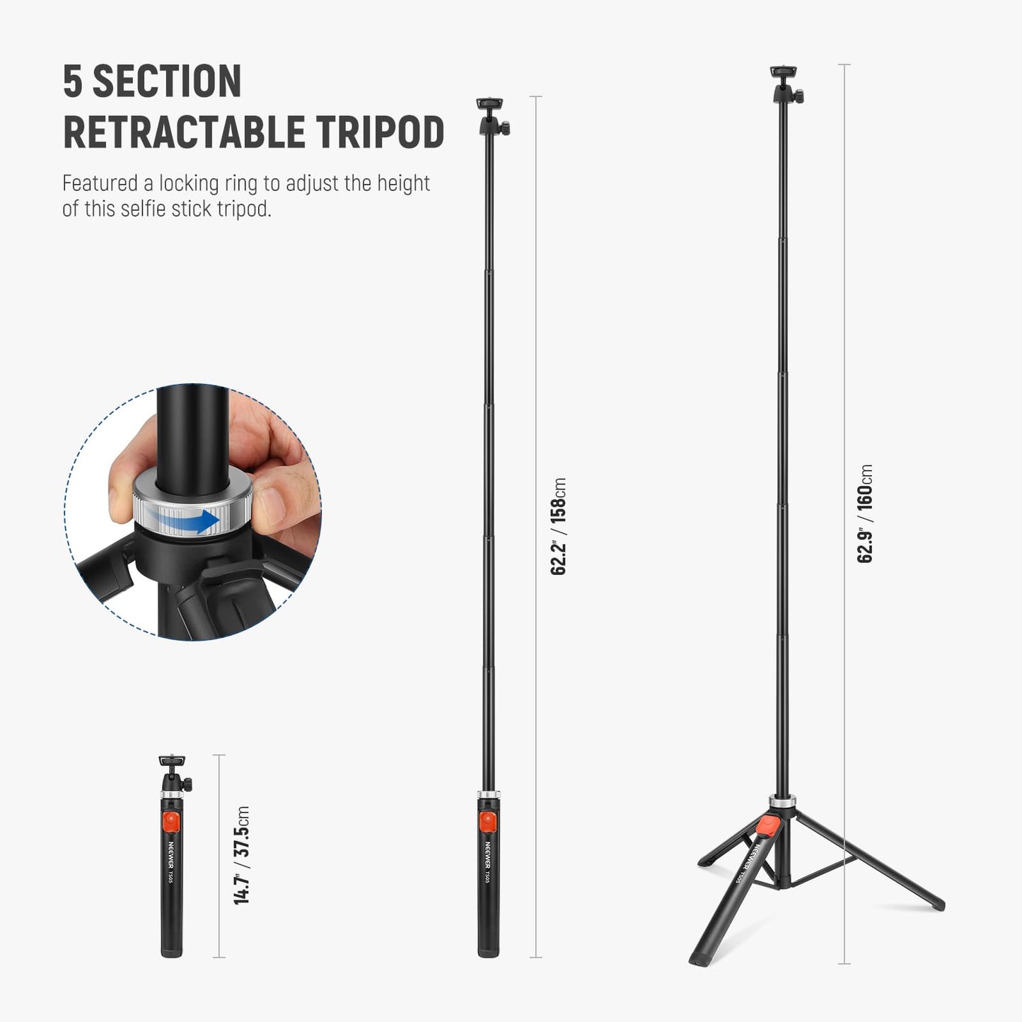 NEEWER Phone Tripod for Cell Phone & Camera with Remote, 62.9" All Metal Selfie Stick Travel Vlog Tripod Stand for iPhone with Phone Holder, Portable Camera Tripod for Canon Sony DLSR GoPro, TS05