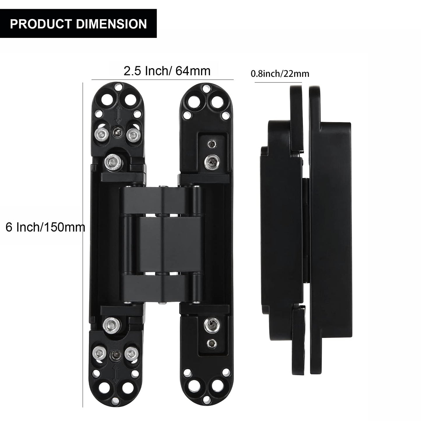 MARNER 2 Set 6 Inch Hidden Door Hinges Zinc Alloy Heavy Duty Invisible Hinge 180 Degree Swing Concealed Hinge 3 Way Adjustable Butt Hinge 6 x 2.5 x 1 Inch Black (2 Hinges)