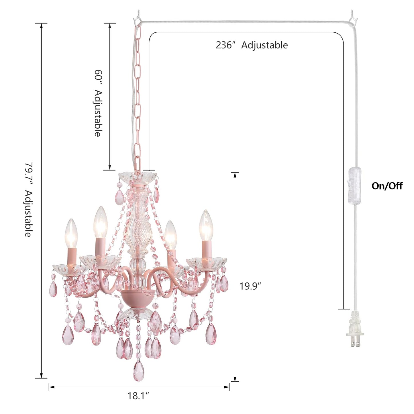Plug in Crystal Pink Chandelier, Not acrylic Crystal,Mini 4 Lights for Girls Room,Pink Crystals Hanging Pendant Light with Clear Cord and On/Off, Chandelier for wedding, Kitchen, Dining,Foyer,Island