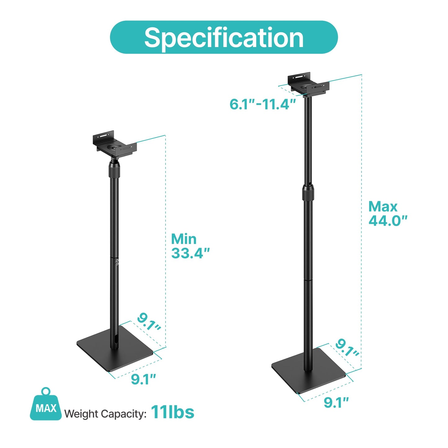 Pegzone Height-Adjustable Speaker Stands Pair,11LBS Capacity,Height Adjustable from 33.4" to 44.0",Surround Sound Speaker Stands,Cable Management,Black,1 Pair