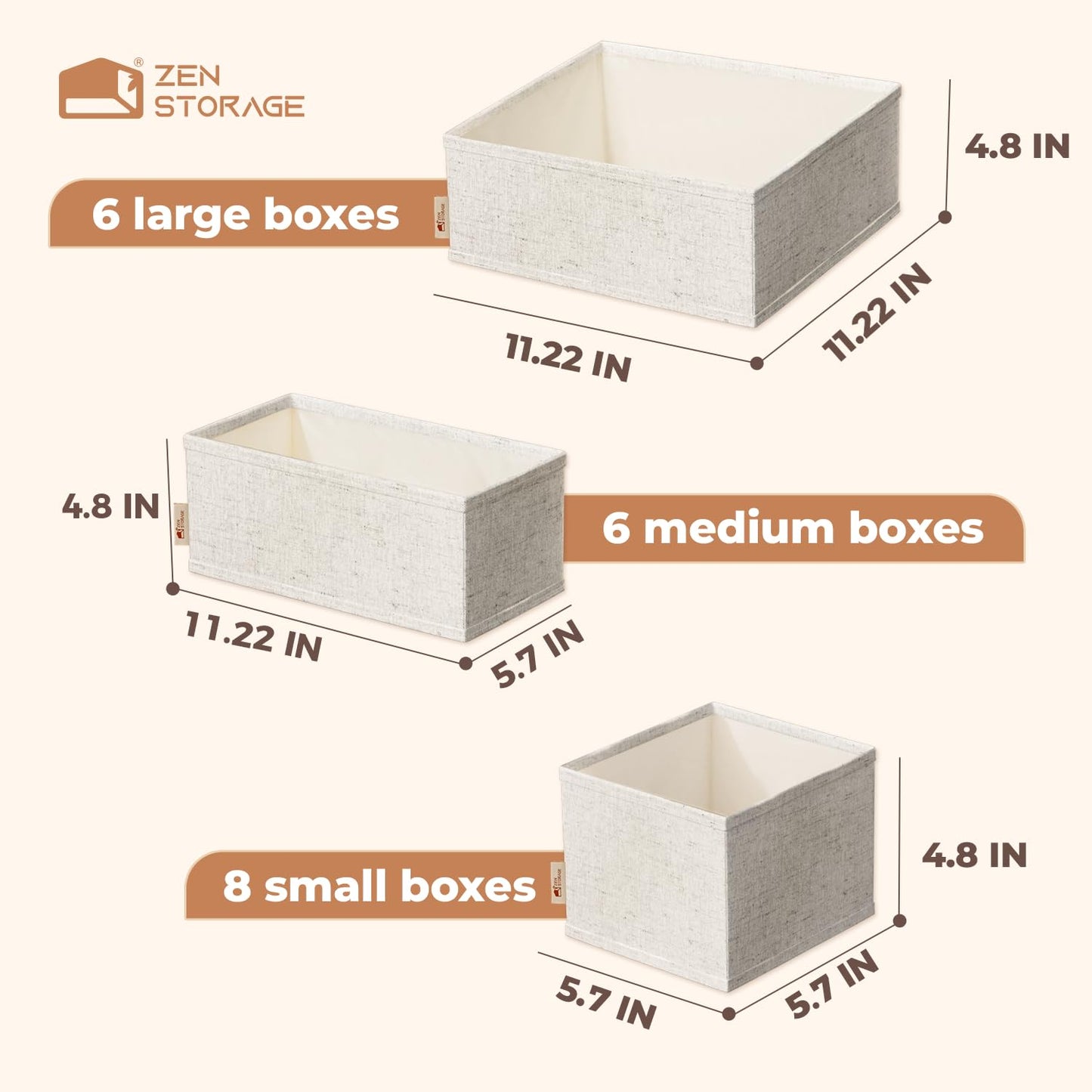 ZenStorage Cotton Linen Drawer Organizers for Baby Clothes, 20Pack Multi-Size Nursery Dresser Dividers for Clothes, Premium Foldable Storage Bins for Bedroom, Closet and Diaper Table, Beige