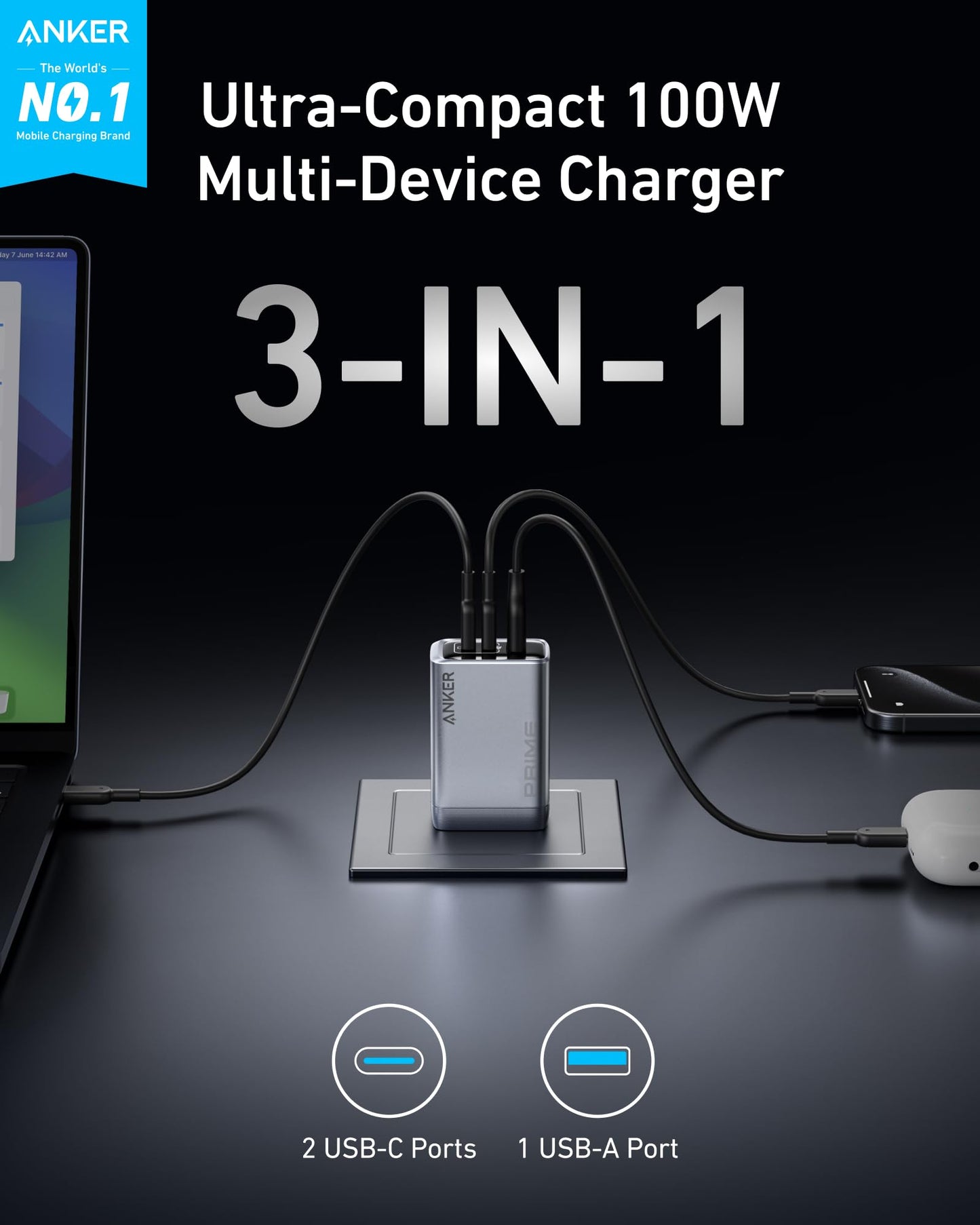 Anker Prime Charger, 100W 3-Port GaN USB C Charger Block, Foldable and Compact for MacBook, iPad, iPhone 17 Series, Galaxy S24/S23, and More