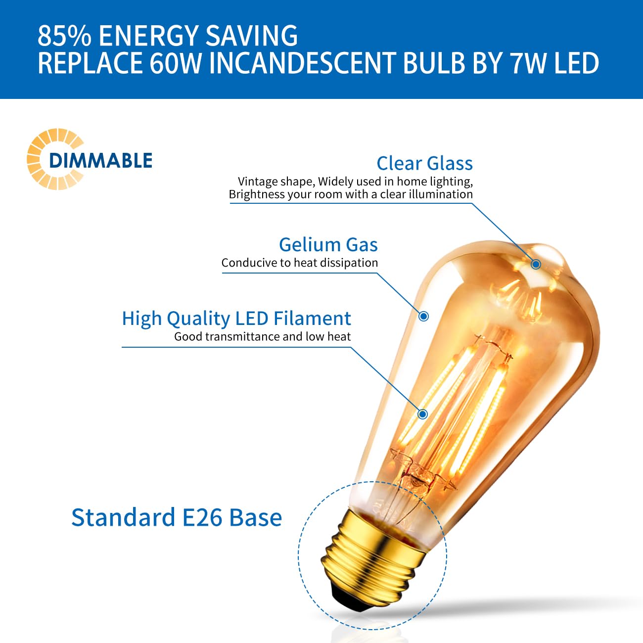 ANWIO Vintage Edison Light Bulb ST21 LED Filament Bulb 7W(60 Watt Equivalent) Dimmable 2500K (Amber Glow) Warm White E26 Medium Base, Amber Glass Cover,12 Pack