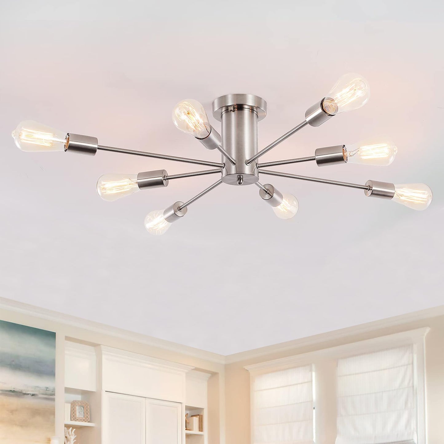 ANKYLHUA Modern Chandelier Ceiling Light Fixture Sputnik Chandeliers Silver Farmhouse Chandelier Over Table 8-Light Flush Mount Ceiling Light Fixture for Dining Room, Living Room, Bedroom, Kitchen