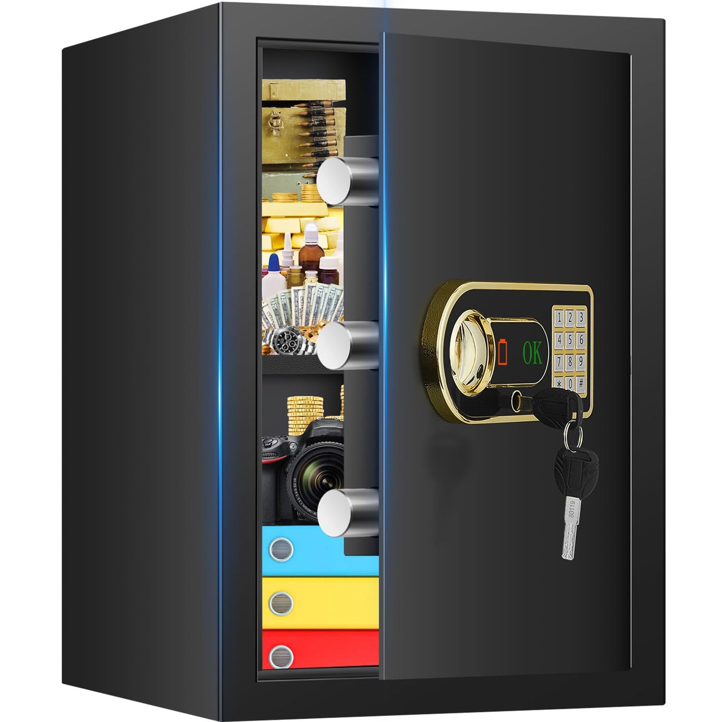 2.5 Cuft Fireproof Safe for Home, Safe Box Fireproof Waterproof with Digital Keypad and Manual Key, Removable Shelf, Fireproof Bag, Personal Security Fire Proof Safes for documents Money Valuables
