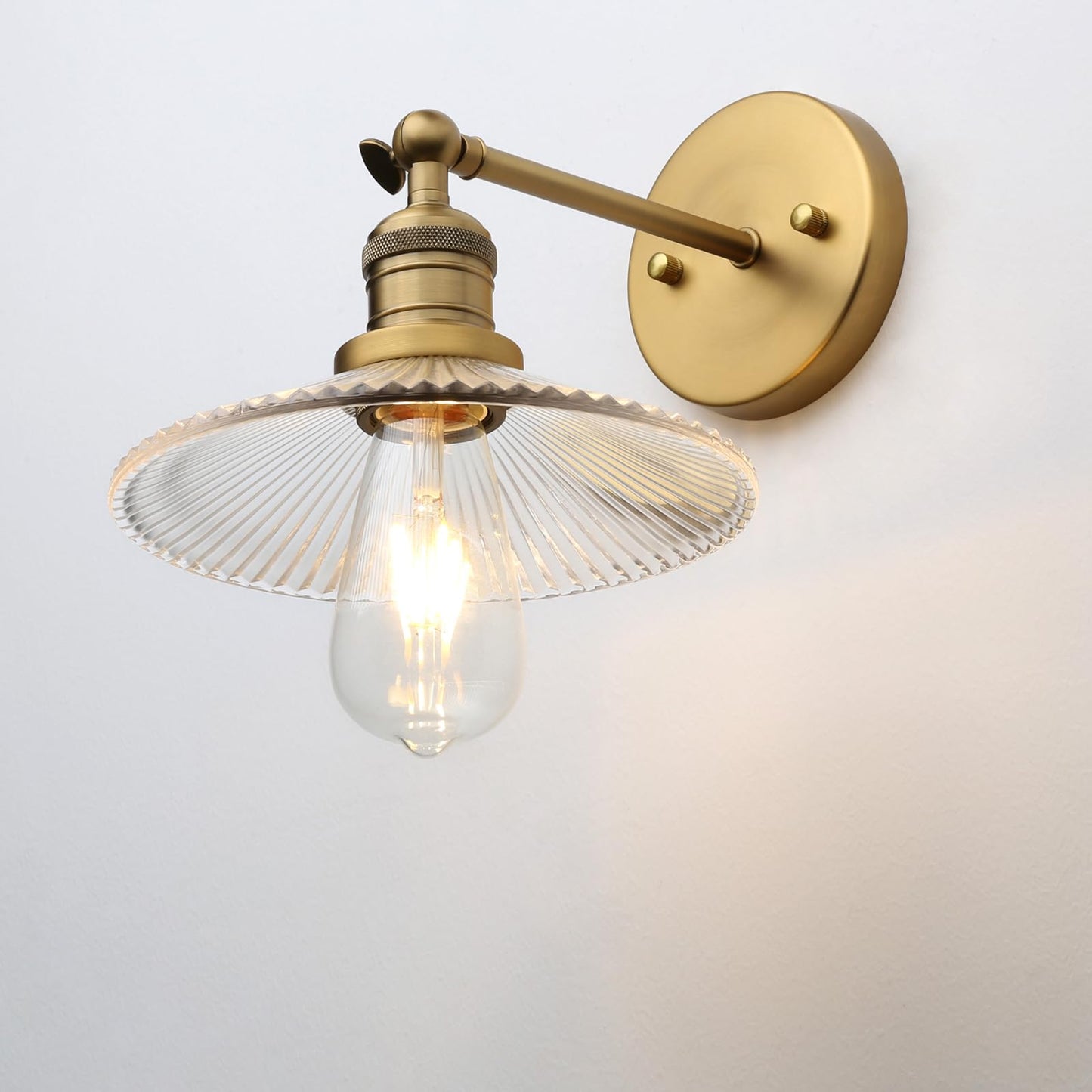 JIMUBEAM Industrial Vintage Wall Sconce 1-Light with Funnel Ribbed Clear Glass Shade, Indoor Wall Mounted Lamp Fixture for Living Room Bedroom Bathroom Over Kitchen Sink