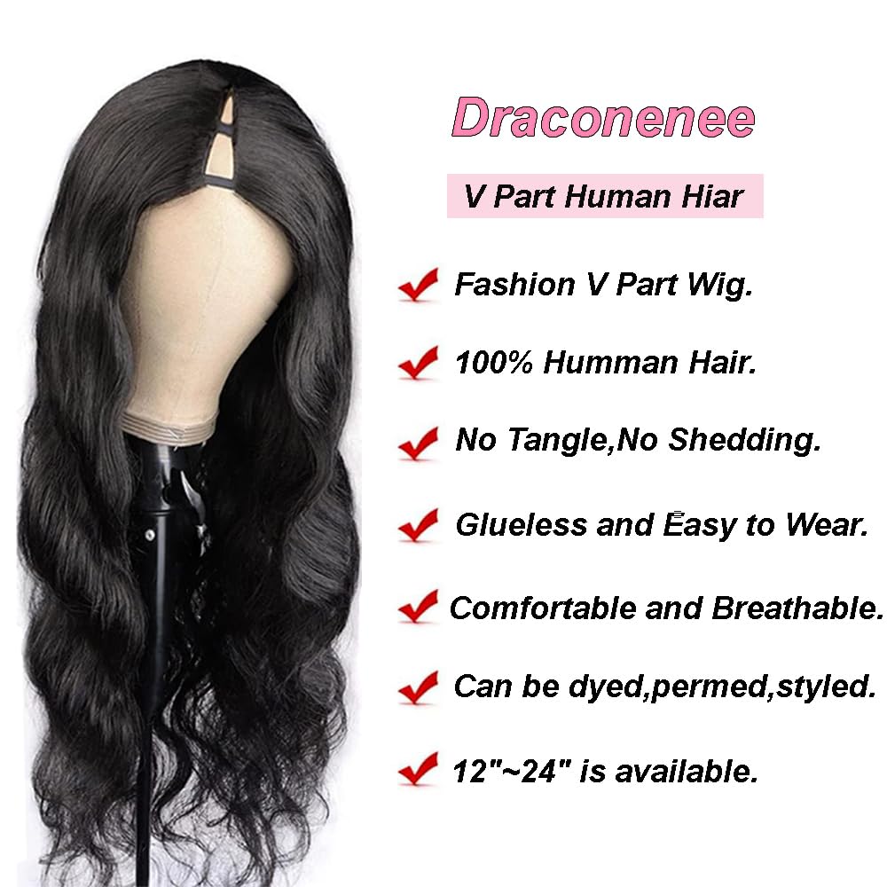 V Part Wig Human Hair Wig Upgrade U Part Wigs Body Wave for Black Women Beginner Friendly No Sew In and No Leave Out Glueless Brazilian Virgin Hair Wig Natural Black Color 180% Density 20 inch