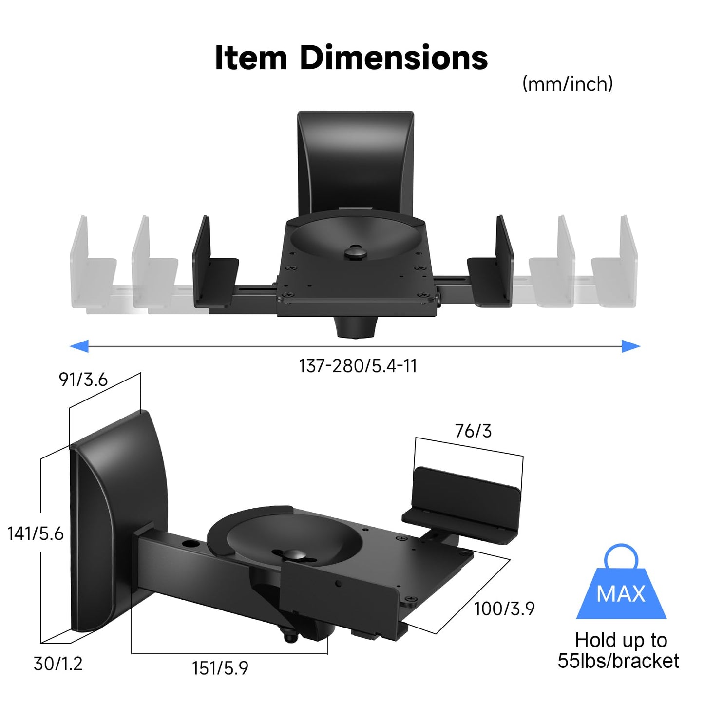 suptek Speaker Wall Mounts, Dual Speaker Stands for Surround Sound Speakers, Universal Speaker Bracket, Tilt Swivel Speaker Shelves Up to 55lbs Black (2 Pack)