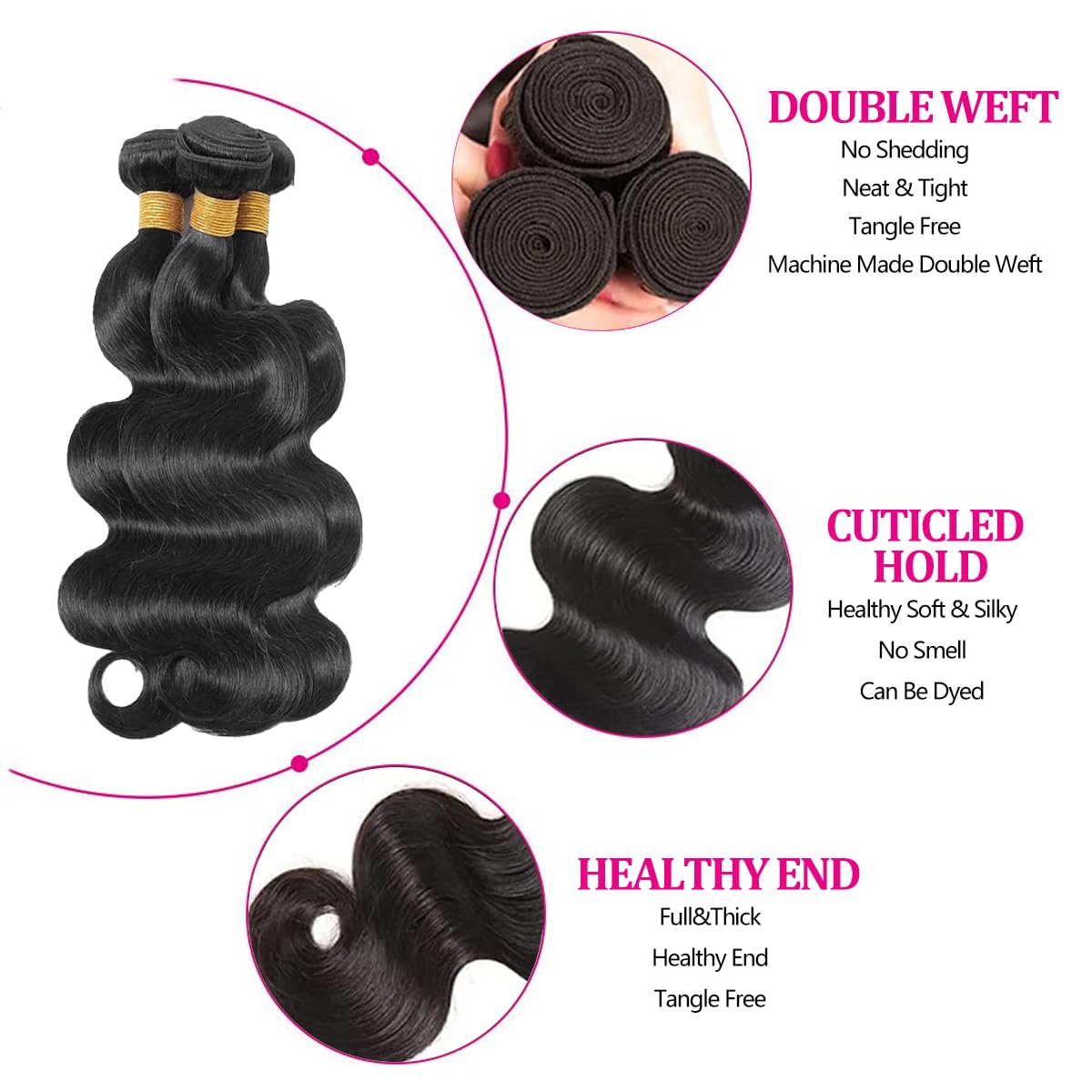 Body Wave Bundles Human Hair 12 14 16 Inch Human Hair Bundle Brazilian Virgin Hair 3 Bundles Human Hair Extensions for Black Women Natural Color