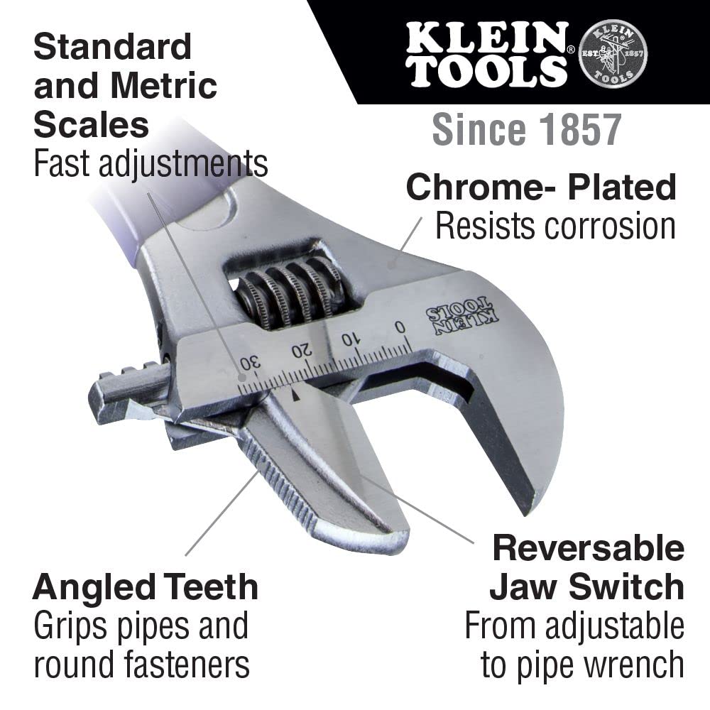 Klein Tools D86930 Reversible Pipe Wrench/Adjustable Wrench with 2-in-1 Extra-Wide 1-1/2 -inch Jaw, 10-inch