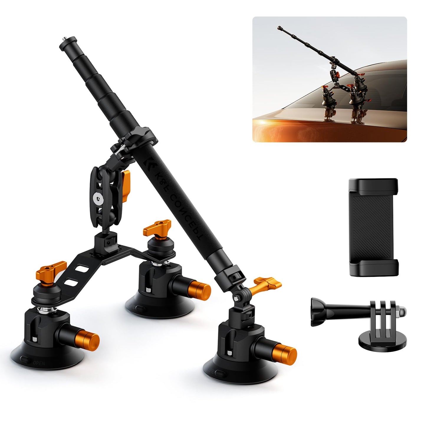 K&F CONCEPT Car Mount for Camera: 3 in 1 Suction Cup Mount Kit 15° Curved Surface Adjustment with Action Camera Extension Pole Adapter Phone Holder Compatible with Insta360 Action 5/4/3/2
