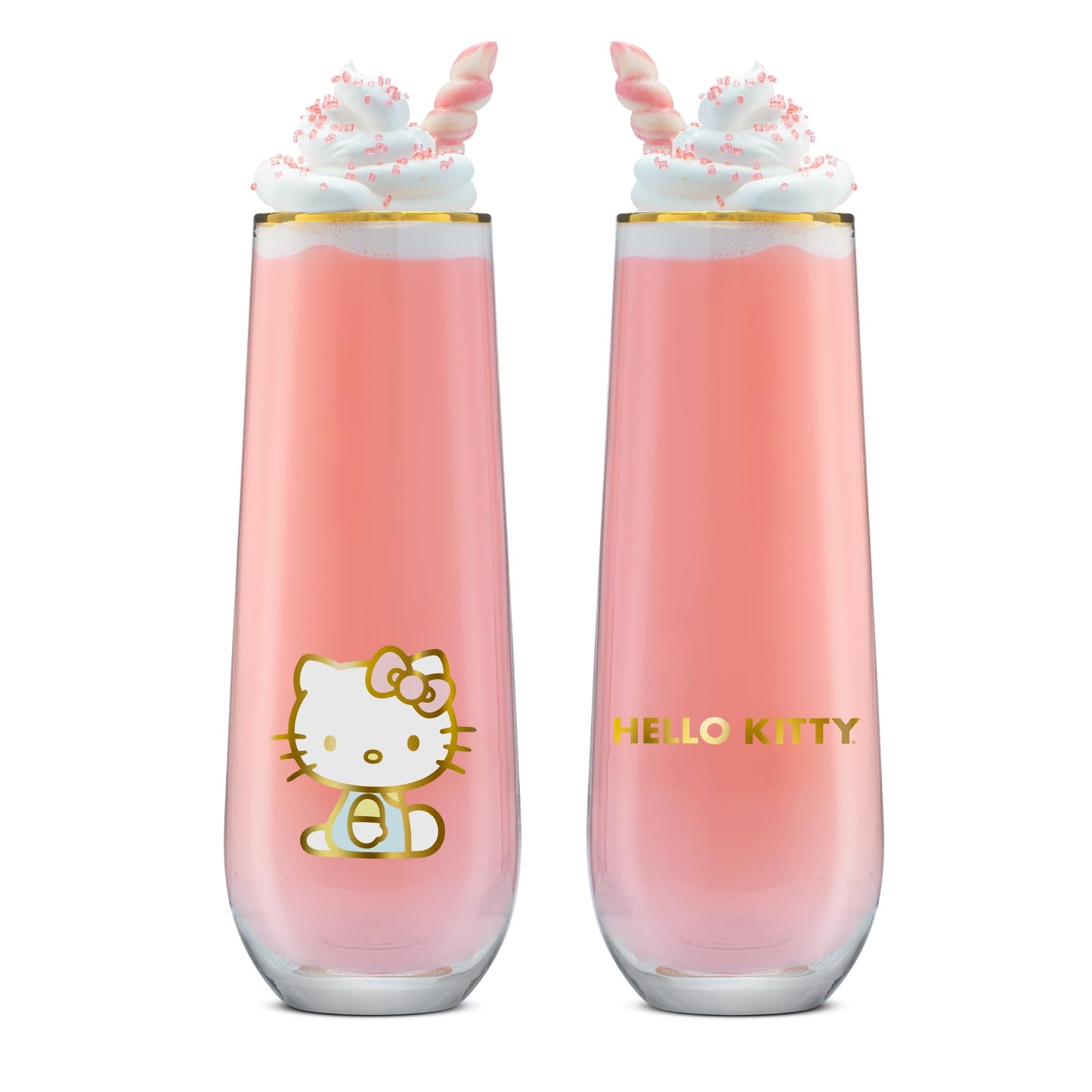JoyJolt Hello Kitty Stay Gold Stemless Flutes, 9.4oz Drinking Glasses Set of 4, Sanrio Highball Glasses, Kawaii Hello Kitty Kitchen Glass Set Ideal for Water Juice Smoothies, Skinny Tall Glasses