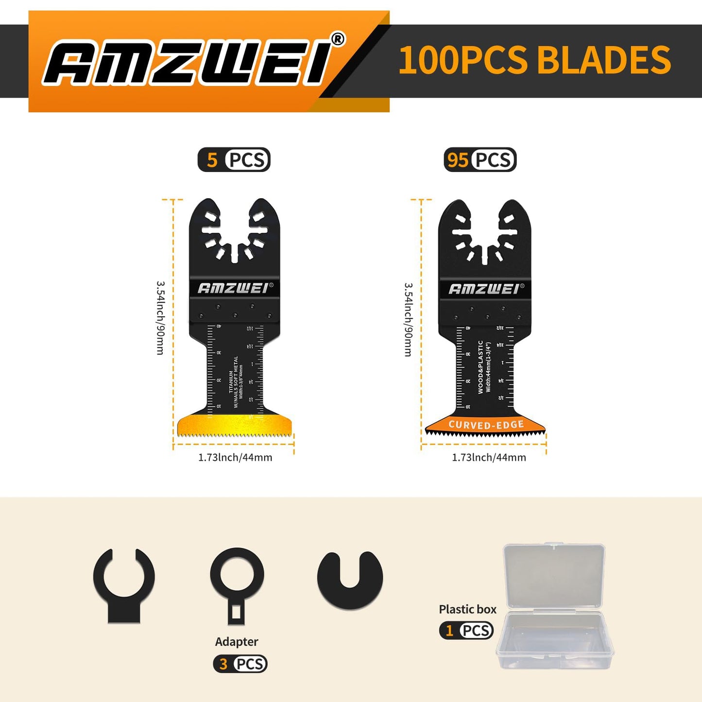 AMZWEI 100PCS Oscillating Tool Blades, Titanium & HCS Oscillating Saw Blades for Metal/Wood/Plastic Cutting, Curved Edge Multi Tool Blades Fit for Dewalt, Milwaukee, Makita, Ryobi, Rockwell