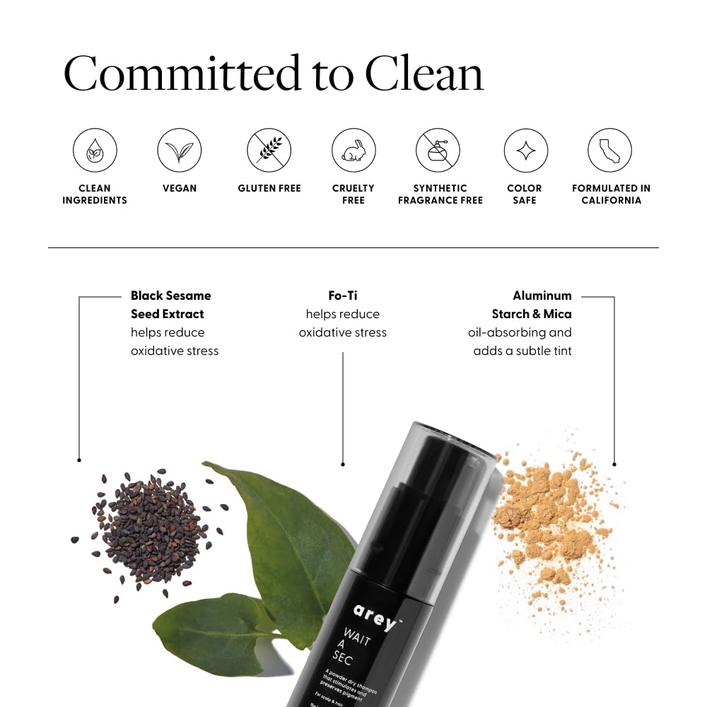 Arey Wait A Sec™ Dry Shampoo | Absorbs Oil & Adds Volume + Reduce the Signs of Aging Hair with Science-Backed Formula to Preserve Pigment | Non Aerosol Tinted Powder | Vegan, Cruelty-Free (0.53 oz)