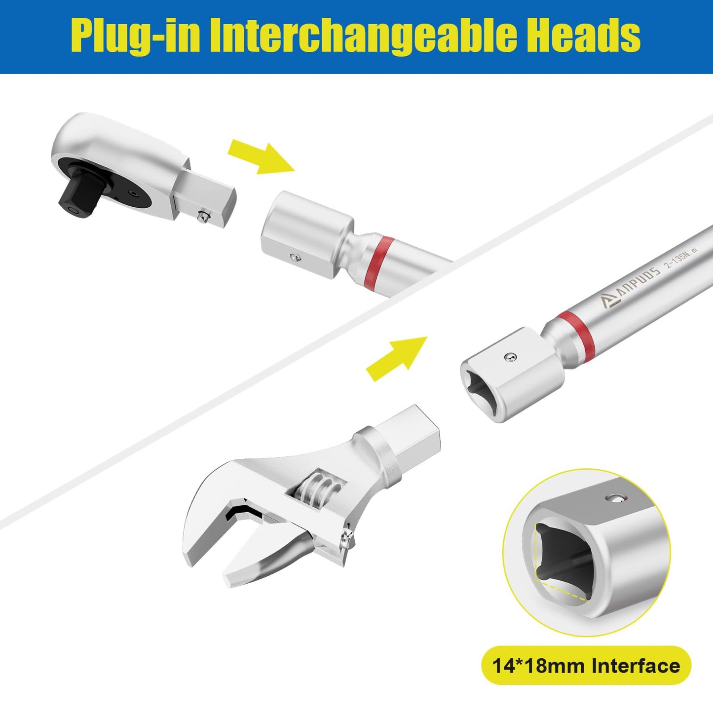 ANPUDS Adjustable Digital Torque Wrench, 1.5-99.6 Ft.lb/2-135 Nm, Hvac Torque Wrench with 45mm Jaw, 1/2 Drive Ratchet, ±1% Accuracy, Vibration, Buzzer and LED Indicator for Split AC, Moto, Car