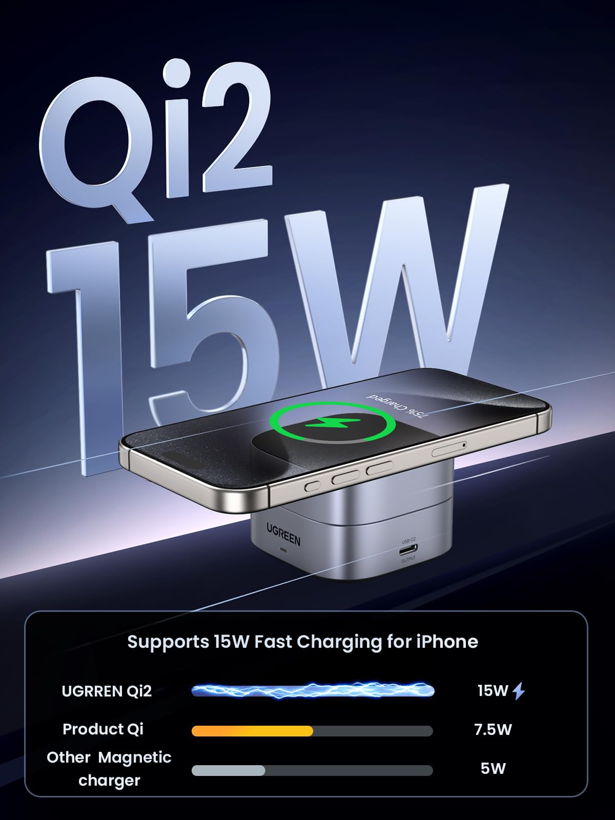 UGREEN MagFlow Qi2 Magnetic Foldable Charging Station, 2-in-1 Fast Wireless Charger Compatible with iPhone 17/17 Air/17 Pro/17 Pro Max 16 15 14 13 12, Airpods3 2 Pro (No AC Adapter), Dark Grey