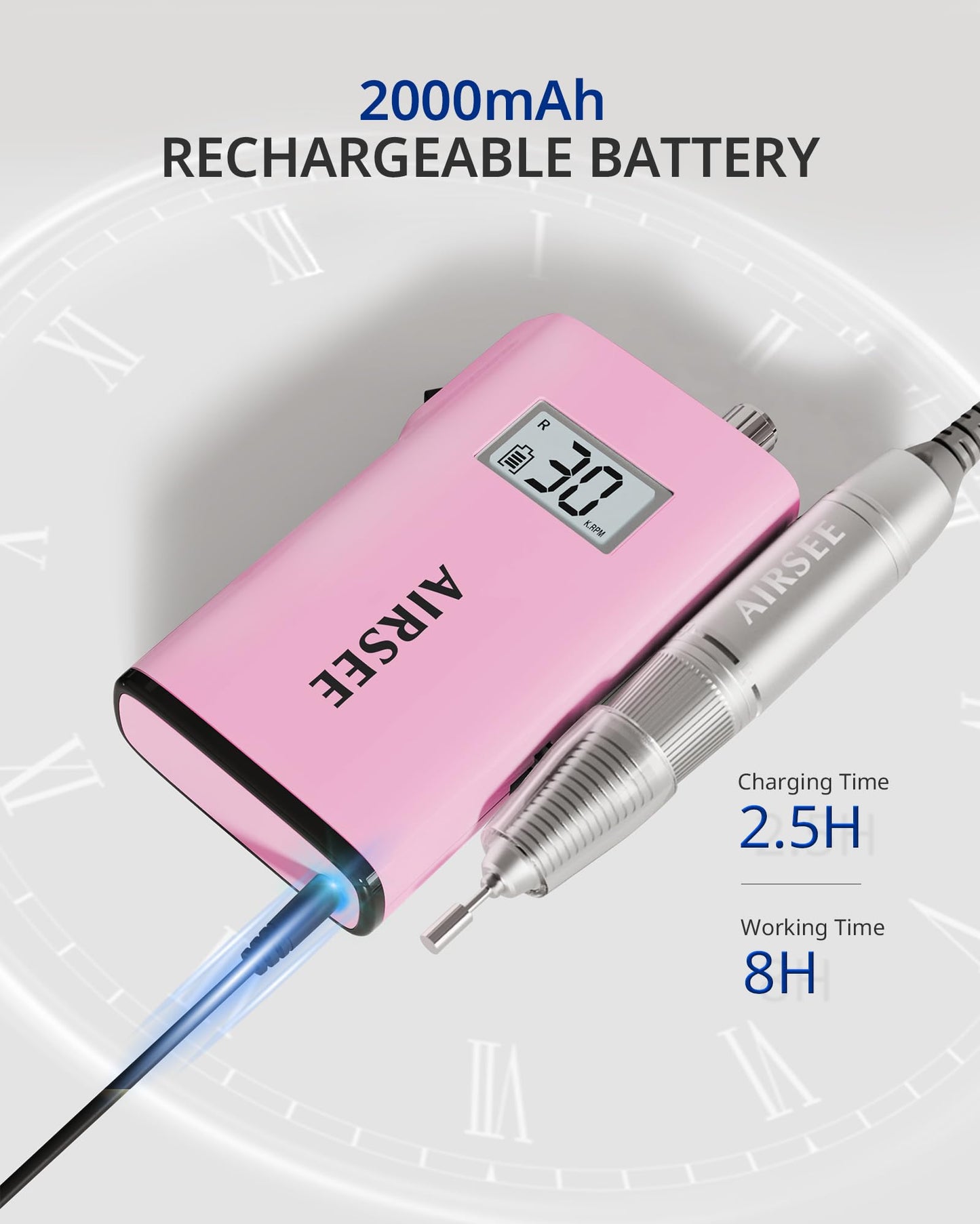 AIRSEE Rechargeable 30000RPM Electric Nail Drill Professional Portable E File Machine for Acrylic Nail Natural Extension Gel Nails Polish Cuticle, Cordless High Speed for Salon Home Use E8 Pink