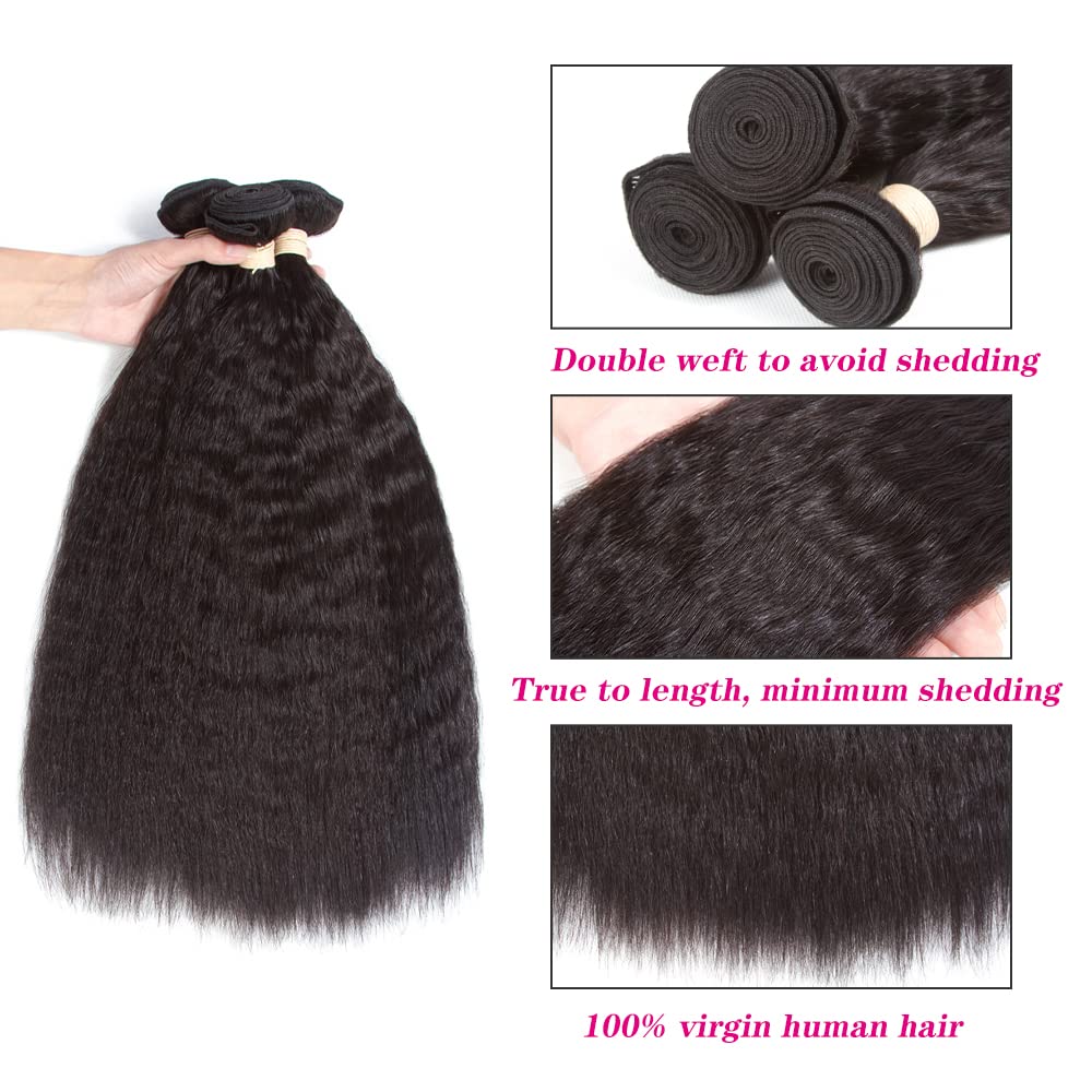 Kerriana Kinky Straight Human Hair Bundles, Kinky Straight Sew In 100% Unprocessed Brazilian 3 bundles 10 12 14 inch For Black Women