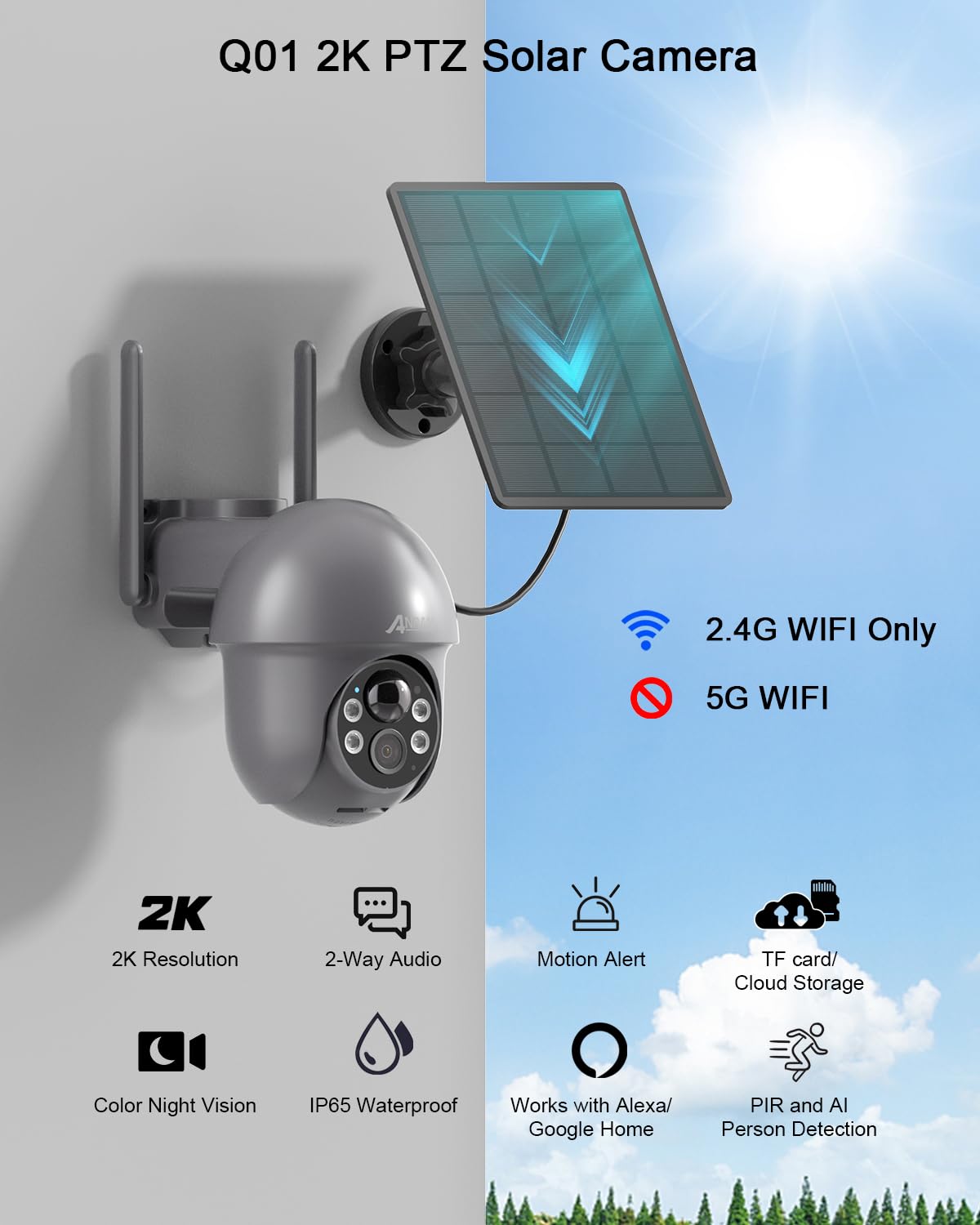 ANRAN 3MP Security Camera Wireless Outdoor, 2K Solar Outdoor Camera with 360° View, Smart Siren, Spotlights, Color Night Vision, PIR Human Detection, Pan Tilt Control, 2-Way Talk, Q01 Grey 2 Packs