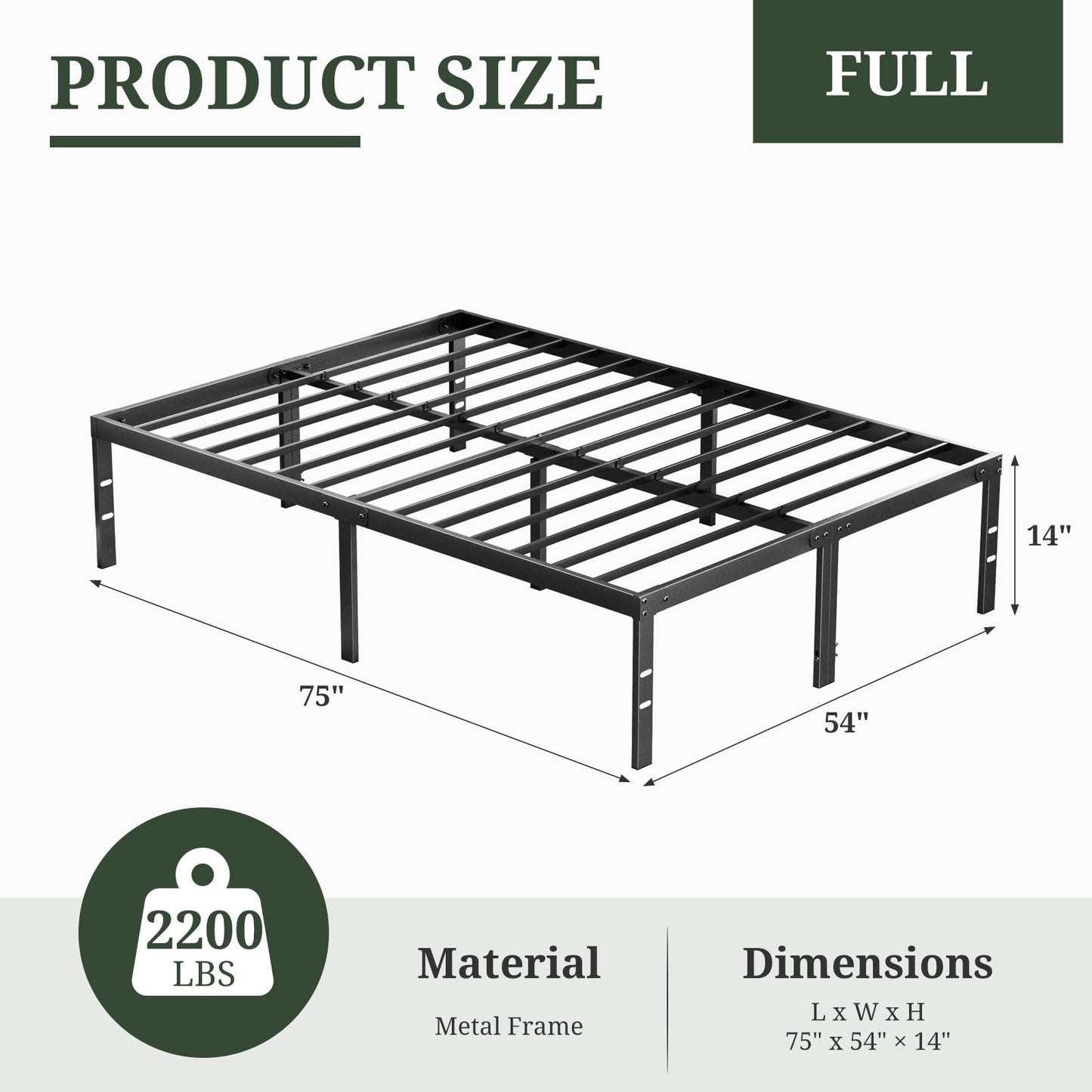 Full Size Bed Frame, 14 Inch Metal Platform Bed Frames with Heavy Duty Steel Slat Support, No Box Spring Needed, Easy Assembly, Under Bed Storage