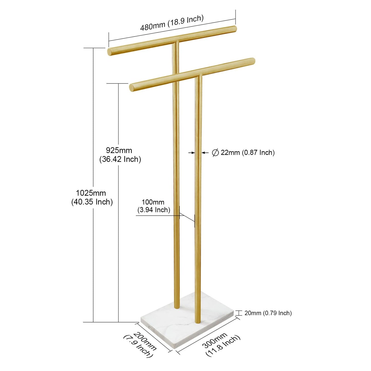 40 Inch Standing Towel Rack for Bathroom Floor Double-T Shape Bath Sheet Holder with Marble Design Base Towel Rack Freestanding Next to Tub or Shower Towel Holder Stand SUS304 Brushed Gold