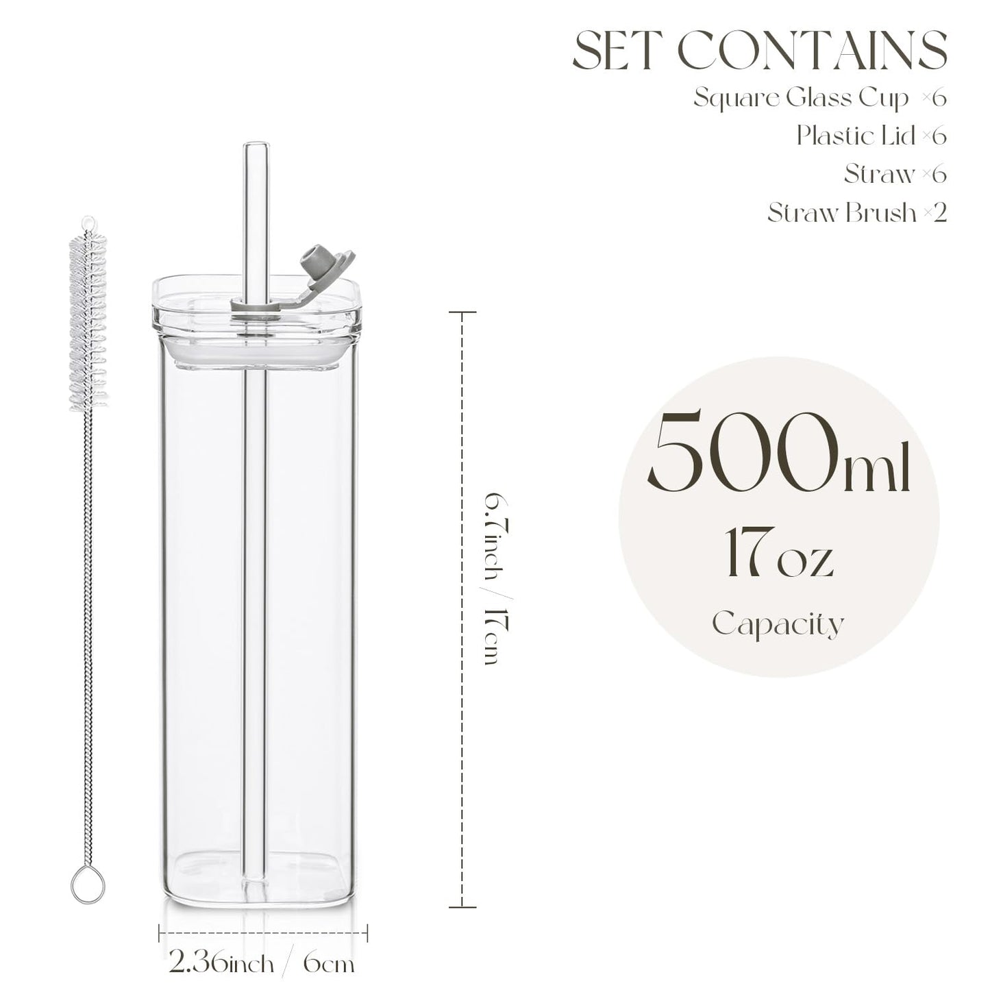 6 Sets Square Drinking Glass Cups, Old Fashioned Glasses, 17 Oz Square Glasses, Clear Highball Modern Glassware Tumbler Mixed Drinkware with Straws for Cocktail Coffee Juice Beer (Square-6PCS)
