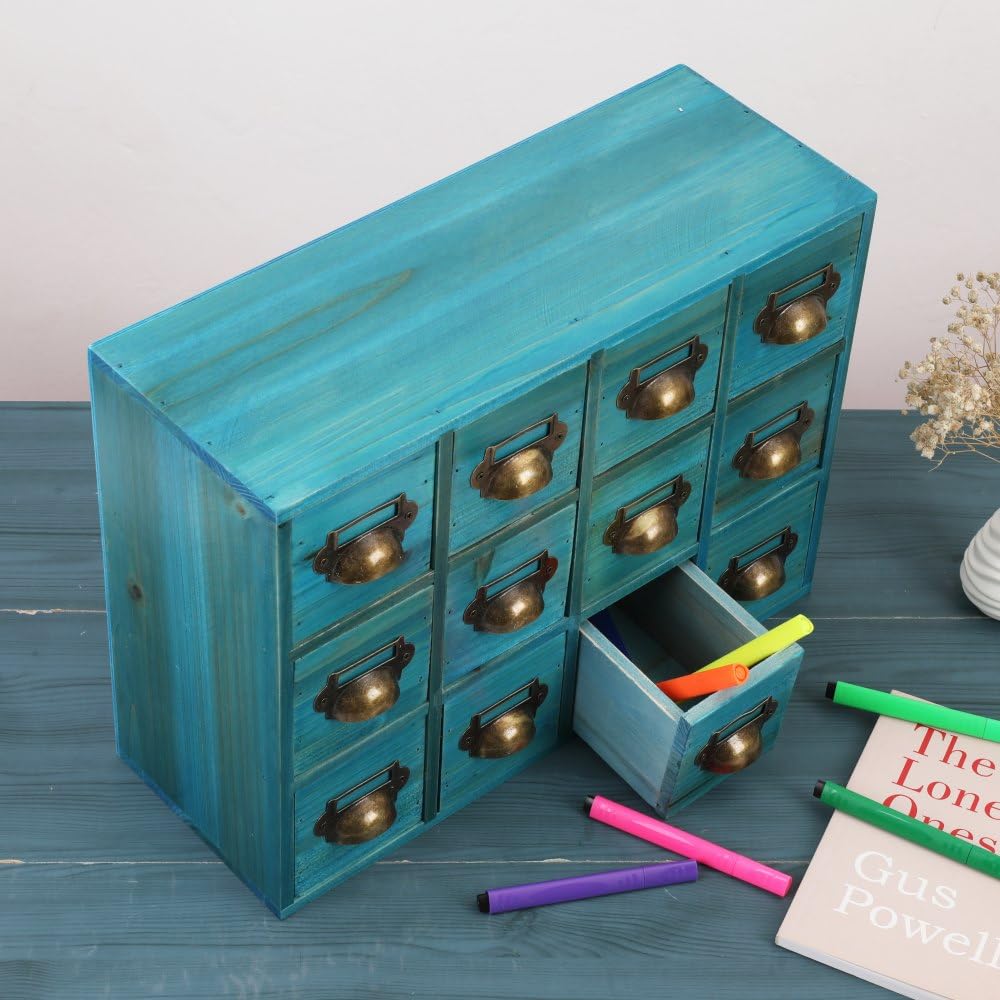 Apothecary Drawers Card Catalog Cabinet with 12 Drawers Wooden Card Catalog Wooden Storage Box for Desktop Organizer (Blue)