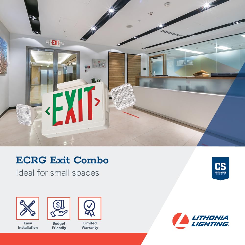 Lithonia Lighting ECRG Basics LED Exit Sign/Emergency Light Combo, Red/Green Switchable Exit Sign and Emergency Lights for Business, 2-Head Fixture, Square Lamp Heads, White (ECRG SQ M6)