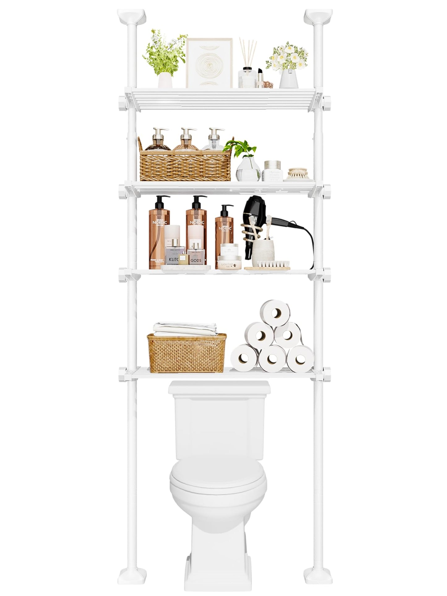 Bonpally Over The Toilet Storage Shelf, 4-Tier Adjustable Bathroom Organizer, No Drill Tension Mounted Shelves Metal, Space-Saving Bathroom Cabinet Rack Above Toilet for Small Bathroom Rooms, White